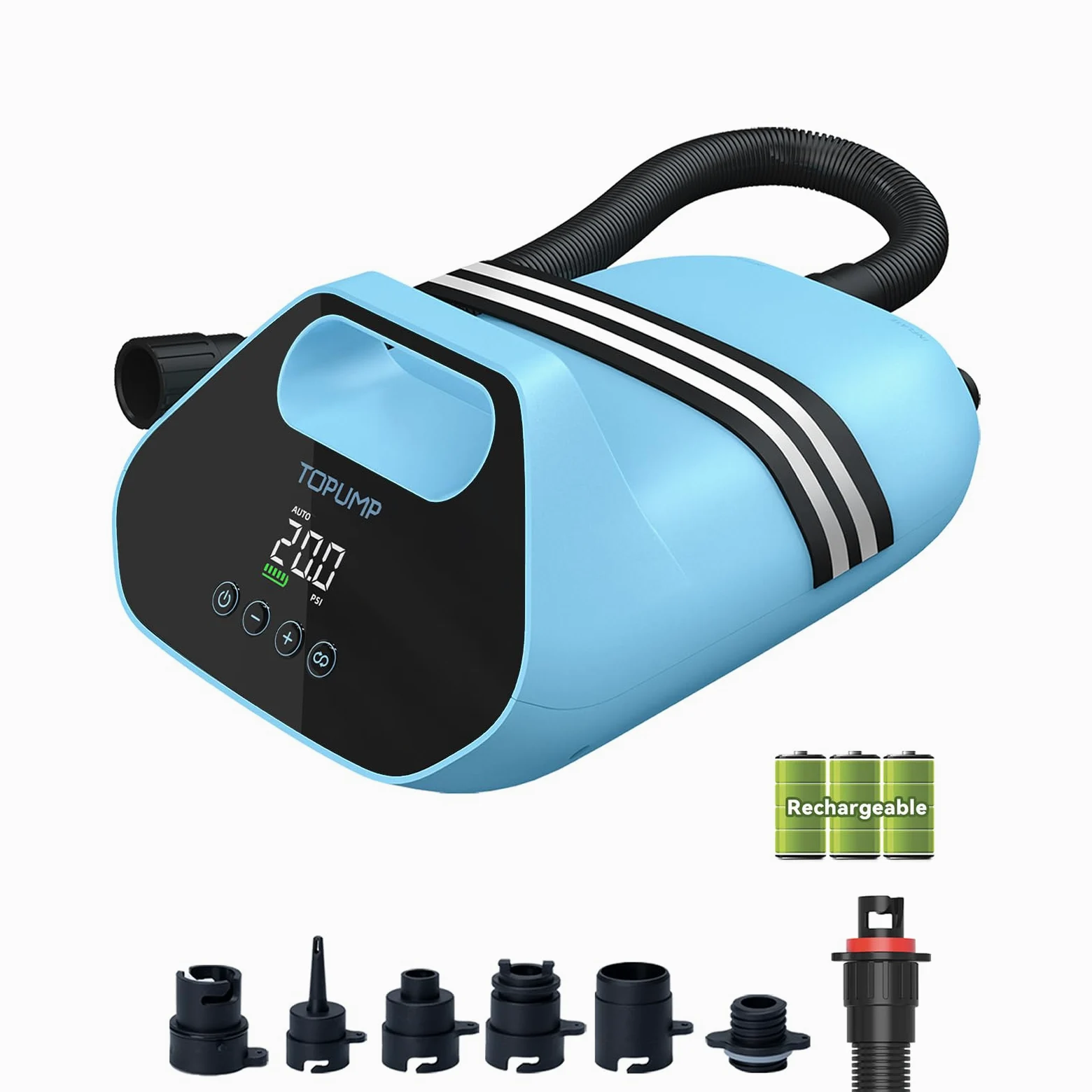 TOPUMP SUP Pumpe Elektrisch Akku TPS300, 20 PSI Hochdruck Elektrische SUP Luftpumpe, 96,2 Wh, Type-C Schnellladung, Auto-Off für Aufblasbare Stand Up Paddle Boards, Boote, Kajak, Kitesurf