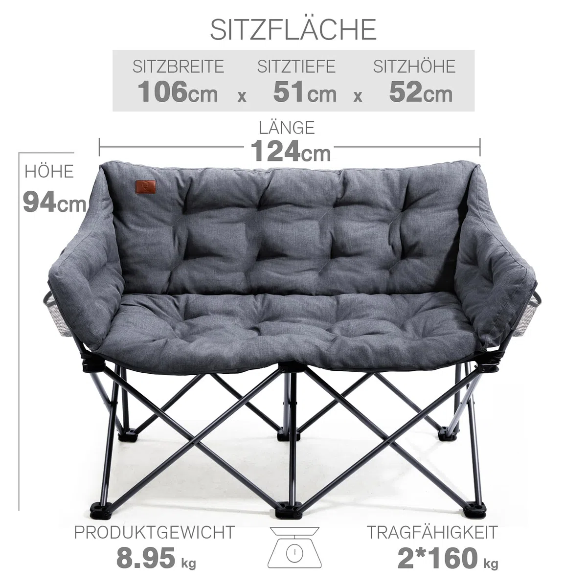EVER ADVANCED Campingstuhl Faltbar 124CM Breit Campingsofa für 2 Personen Faltsofa 320KG Belastbar, Campingcouch Dick Gepolstert Klappstuhl XXL 2 Sitzer Hohe Lehne für Outdoor Garten Balkon Indoor