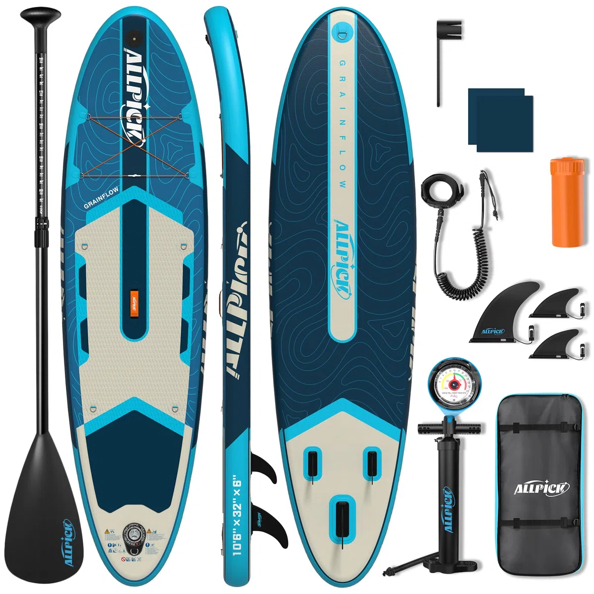 ALLPICK Premium SUP Board Set, Stand Up Paddling Board Aufblasbar, Mit Universal Kamerahalterung, Komplettes Zubehör, Verstellbares Paddel, Anfänger, Fortgeschrittene,200kg