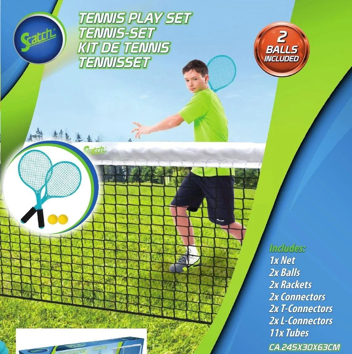 Scatch Set mit Tennisnetz und Schlägern - Netzgarnitur Kombi - Freistehendes Freizeit-Netz für Badminton, Street-Tennis und andere Sportarten