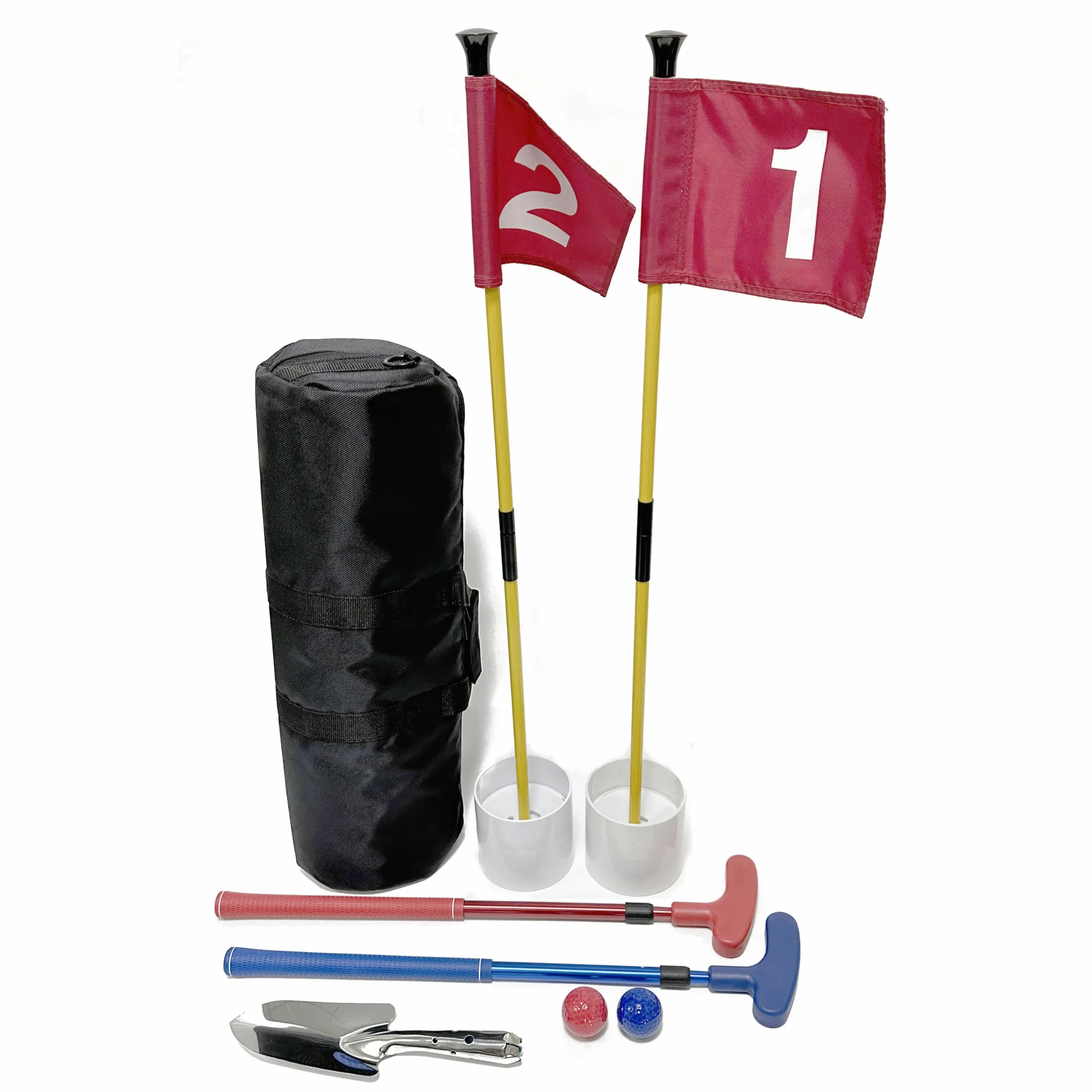 Mini-Golfplatz für Strand und Hinterhof, 2 x verstellbare Golf-Putter, 2 x Golfflaggen und Putting-Lochbecher, 2 x Golfbälle, 1 x Bagger und Reisetasche