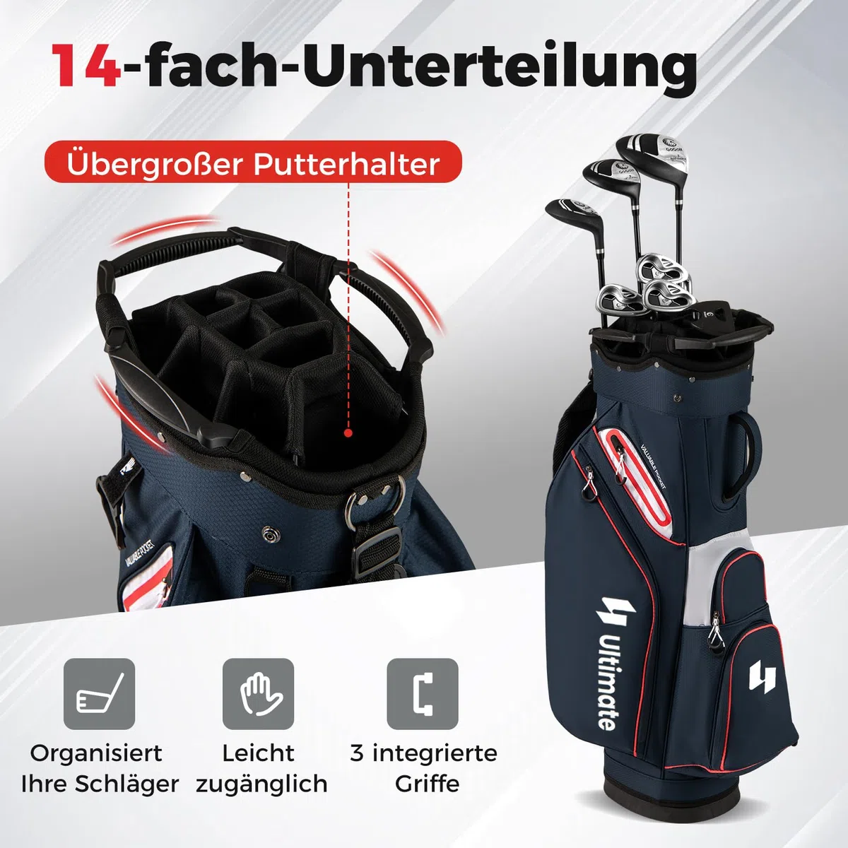 COSTWAY Golfbag, leichtes Golf Cart Bag mit 14 er Unterteilung & Tragegurt, Wasserabweisende Golftasche mit Regenhaube, Golfwagentasche tragbar für Herren & Damen