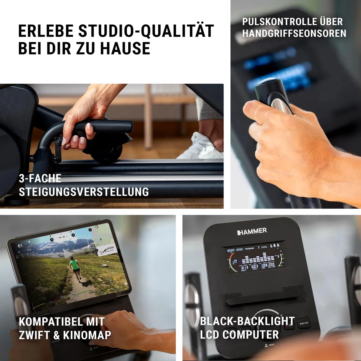 Hammer Crosstrainer Ellipsentrainer SpeedMotion II, 3-fache Steigung, 24 Programme, 18 kg Schwungmasse, Kinomap & Zwift