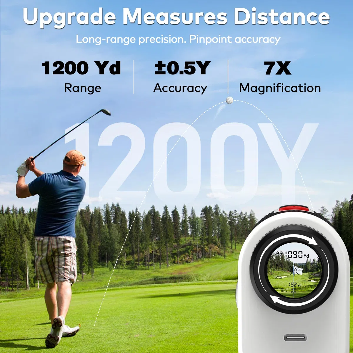 BOSEAN Golf Entfernungsmesser mit Steigungsschalter, Pin Schloss & Vibration, Magnetischer und Scanmodus mit 7X Vergrößerung und HD-Objektiv, 1200 Yards wiederaufladbarer Rangefinder Golf