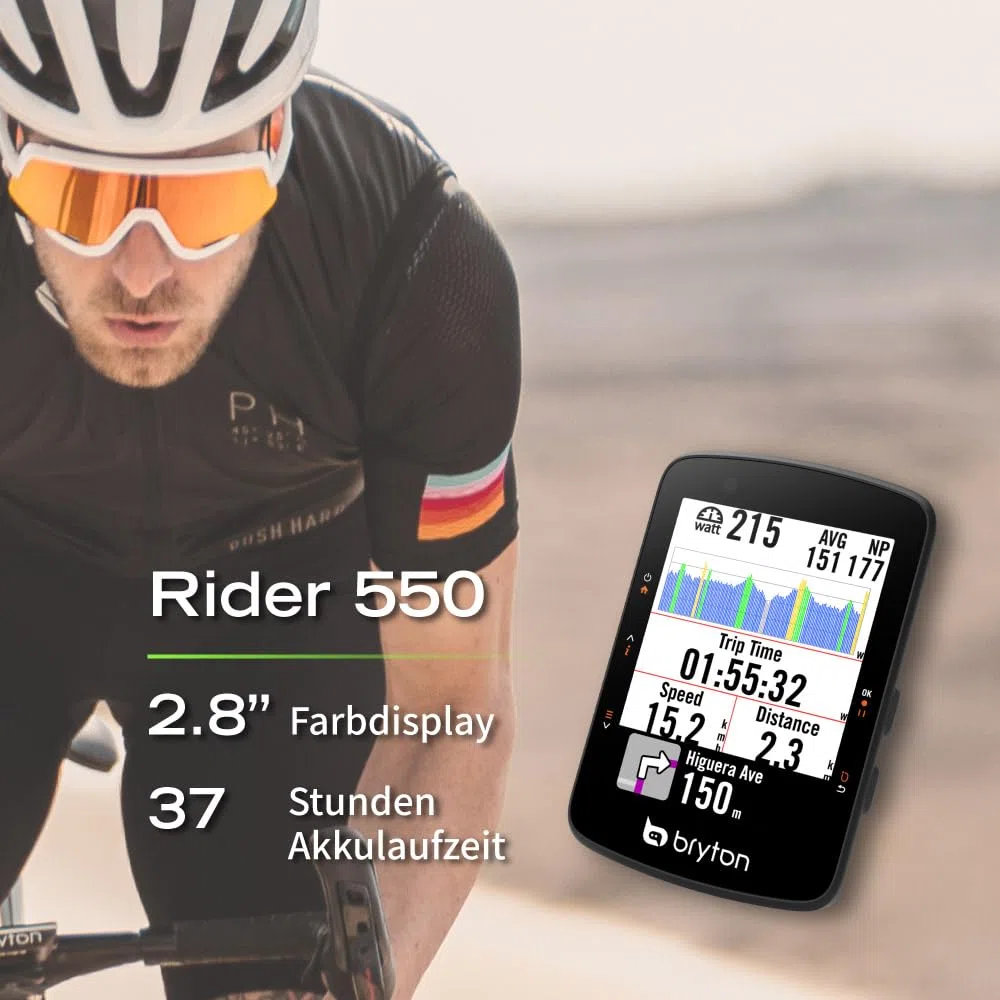 Bryton Rider 550 GPS Fahrradcomputer mit 37 Stunden Akkulaufzeit, 2,8-Zoll Farbdisplay und Fahrradnavigation