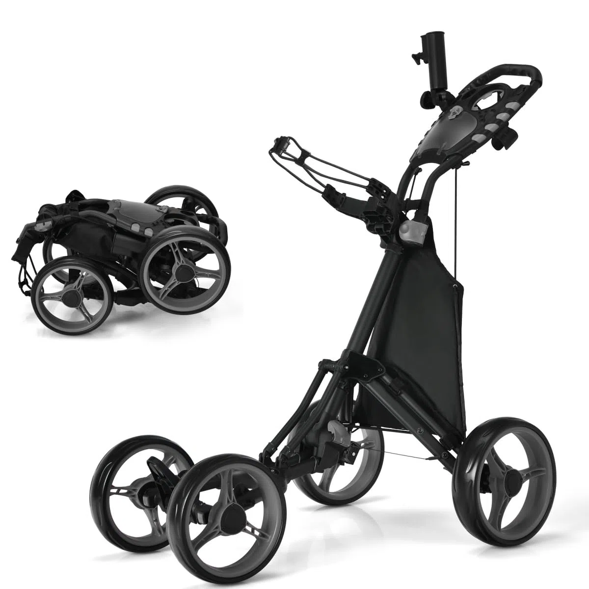 COSTWAY Golf Trolley, 4 Rad Golftrolley, Golfwagen klappbar, Golfcaddy aus Aluminum, Golfcaddy mit Schirmhalter, T-Stückhalterung und Aufbewahrungstasche (Grau)