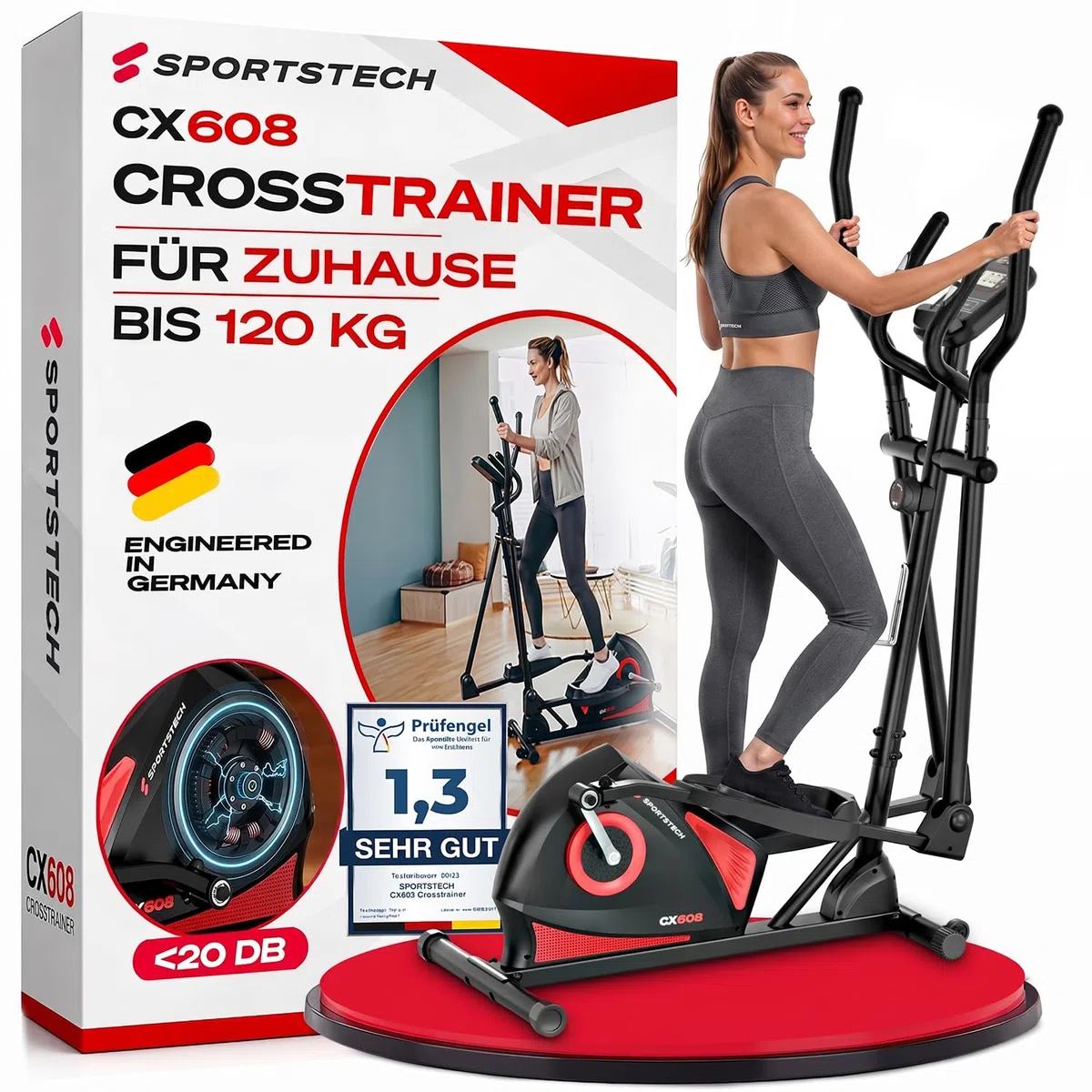 Sportstech CX608 Crosstrainer für Zuhause, leiser Ellipsentrainer mit 8 Widerstandsstufen, 10 kg Schwungrad, LCD Display, Pulssensor bis 120 kg, Fitnessgeräte für Zuhause