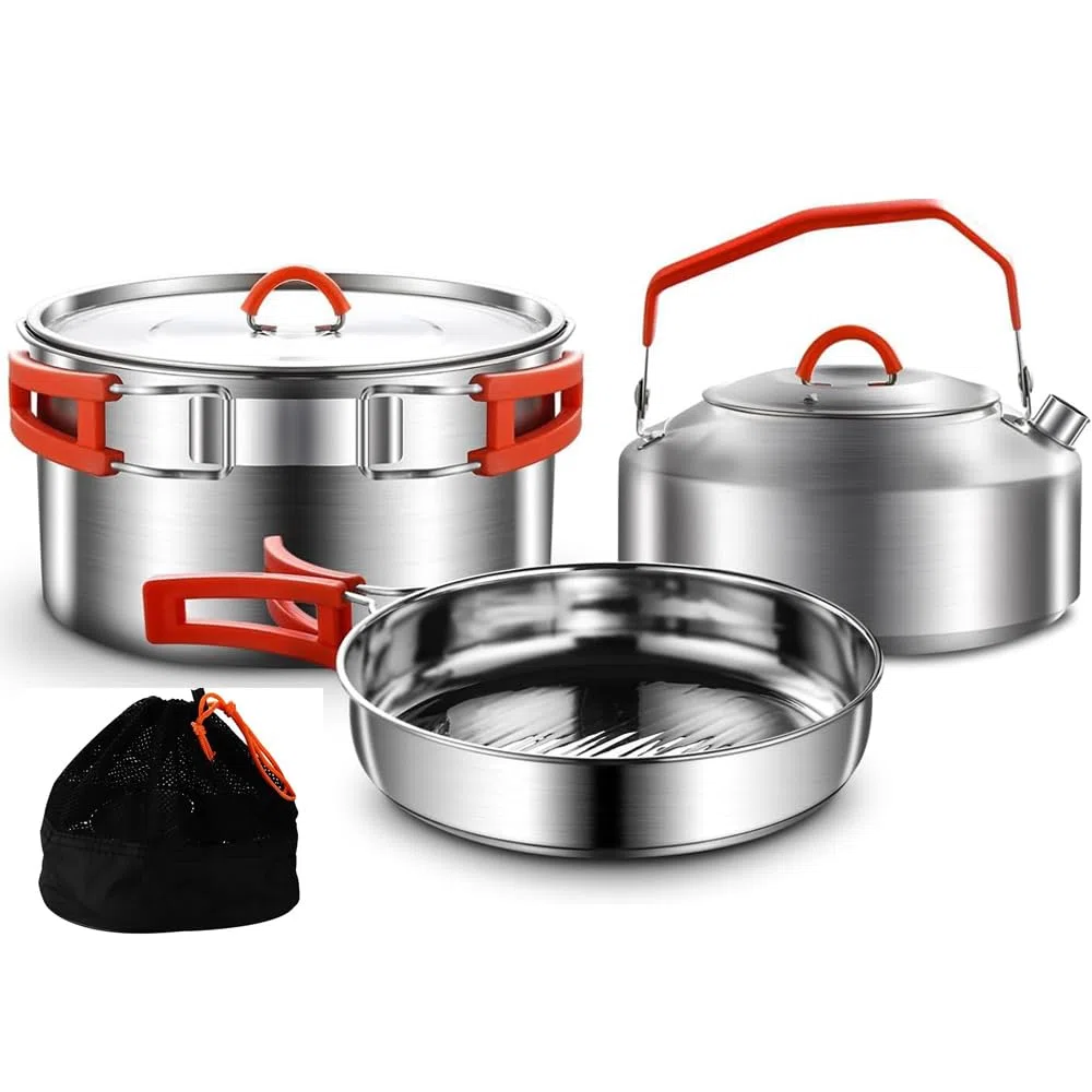 Camping Kochset, Camping Kochgeschirr Set, 304 Edelstahl Camping Töpfe und Pfannen Set, beinhaltet Topf Nonstick Bratpfanne Wasserkocher in Mesh Tasche für Wandern Outdoor Kochen Rucksack für 1-2 Mens