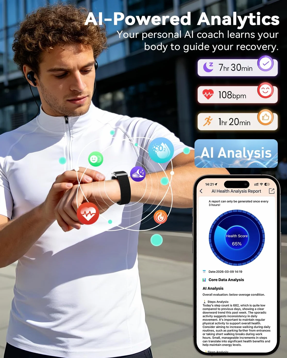 Fitness Tracker ohne Display Smart Band, 24/7 Aktivitäts Schlaftracker mit Herzfrequenz Menstruationszyklus SpO2, Schrittzähler mit 35 Tage Akku, 120+ Sportmodi, KI-Analyse, IP68 Wasserdicht, Kein ABO