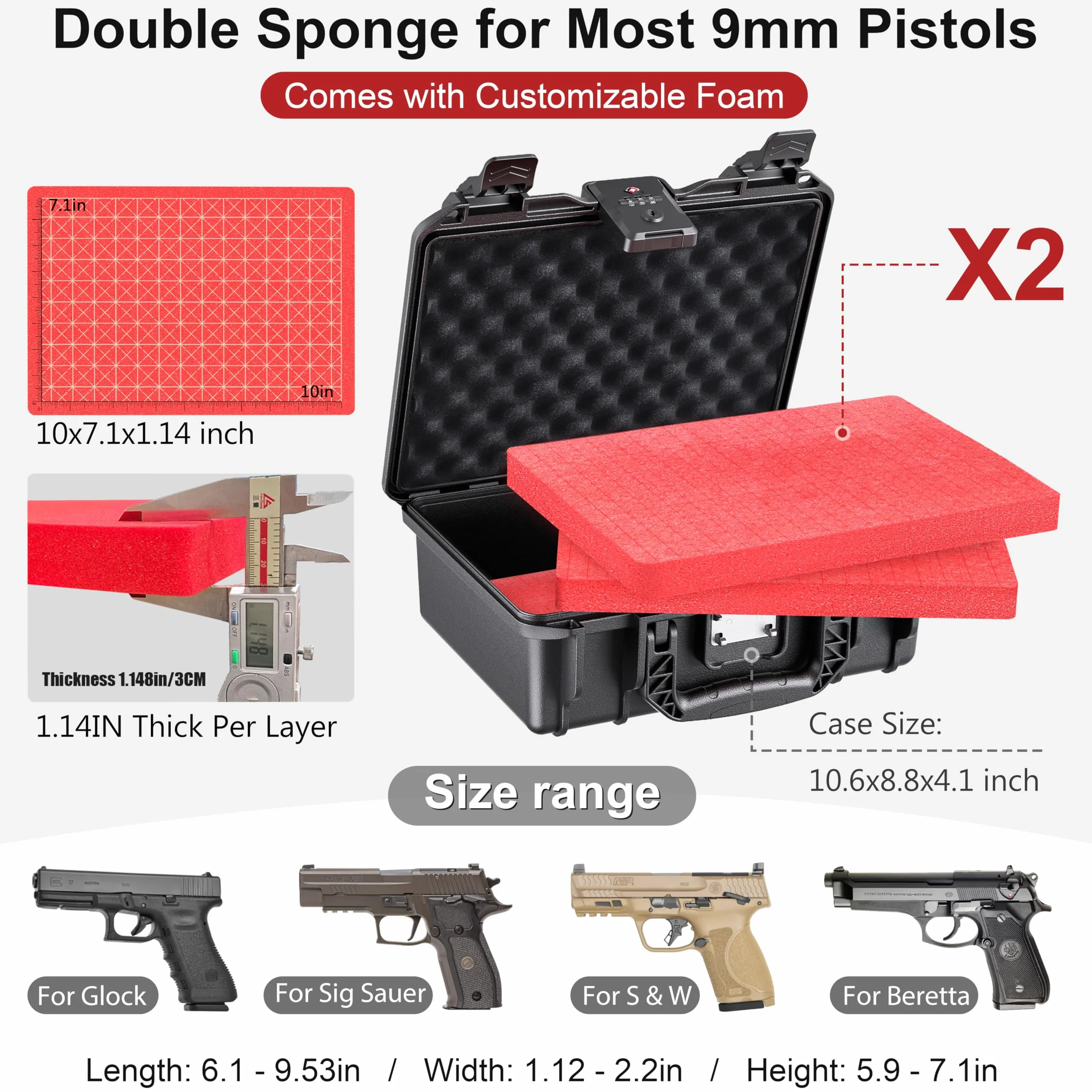 Kinghardcase Pistolenkoffer Waffenkoffer TSA Waffenbox Hartgewehrbox DIY Wasserdicht TSA Zugelassenes Abschließbar mit Schaumstoff Stoßfest Hartgehäuse für Pistolen