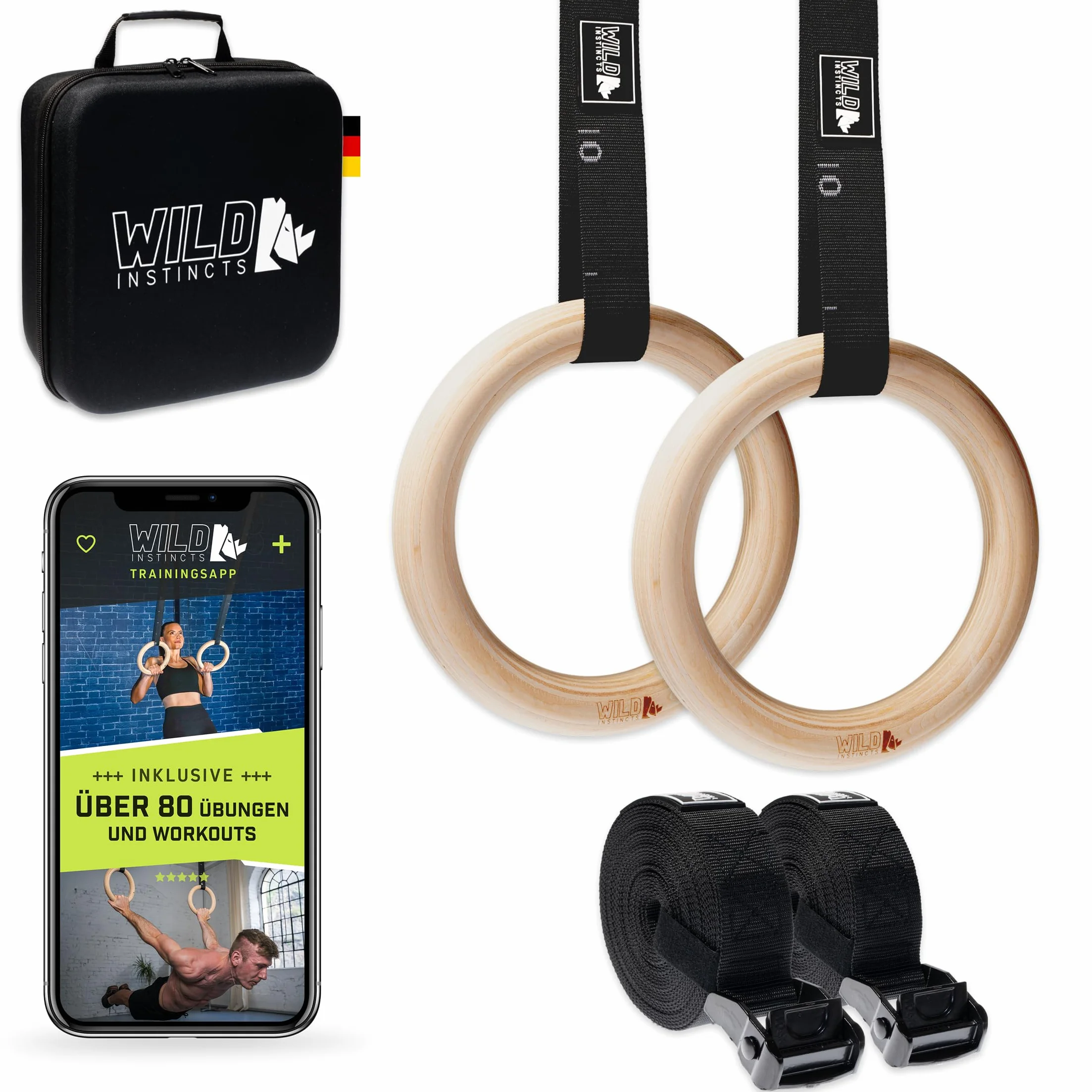 Wild Instincts Premium Turnringe Holz 32mm mit WebApp - Trainingsringe mit 5m Gurtbändern inkl. Case - Gymnastikringe zum Turnen - Calisthenics Ringe - Gymnastic Rings
