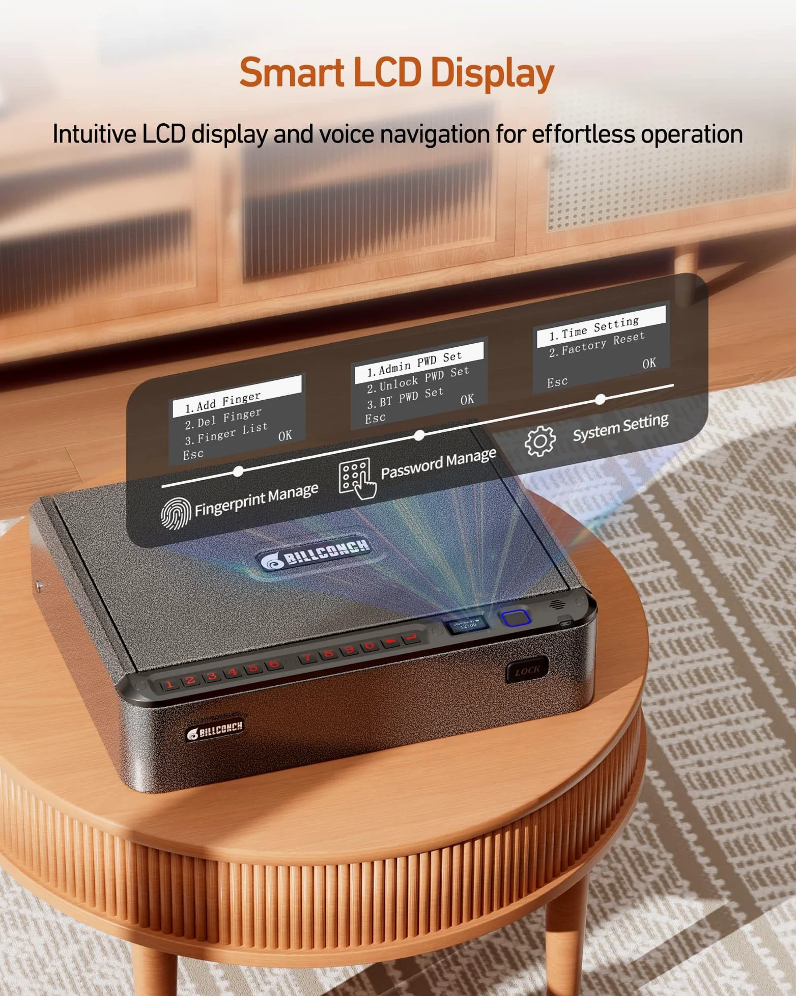 BILLCONCH Smart Gun Safe - Biometric Gun Safe for Pistols with Fingerprint/Full-digital Keypad/Key/Smartphone Lock, Quick-Access Pistol Safe for Beside Nightstand Handgun Safe with LCD/Voice Guide