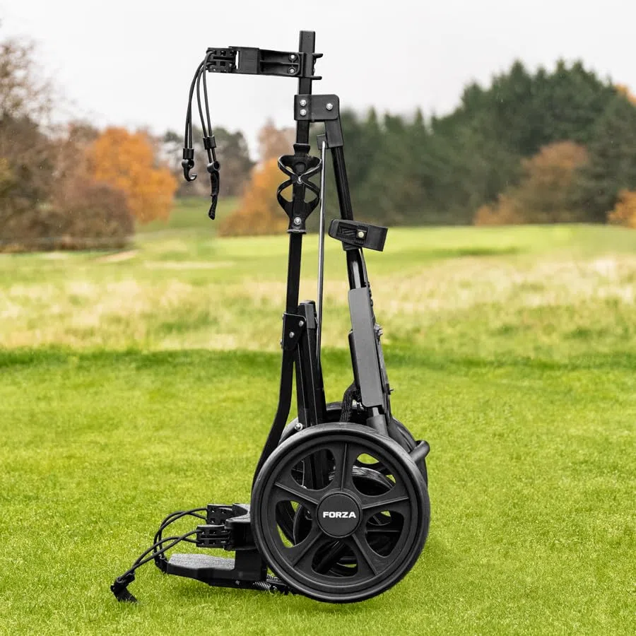 FORZA Golfwagen mit 3 Rädern | Leichter Aluminium Push Trolley mit ergonomischem Griff, Fußbremse & faltbarem Design | Kompakter Golftaschentransport | Optionaler Schirmhalter