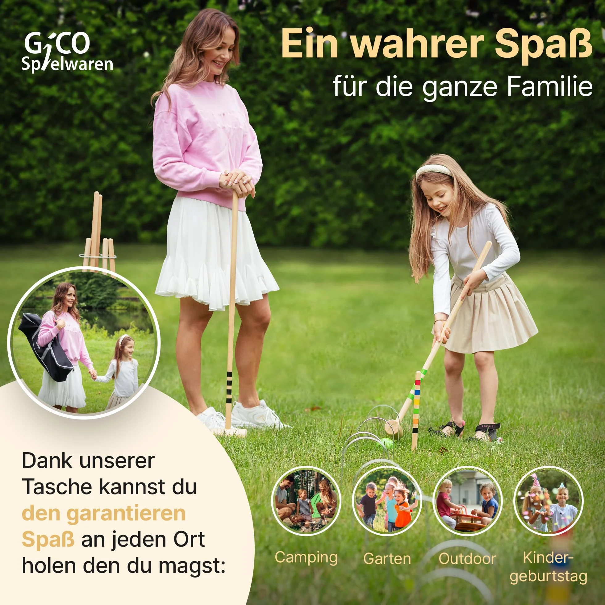 Qualitäts Krocketspiel / Krocket / Crocket für 6 Spieler (100 cm Erwachsenengröße) mit Transporttasche - Spiel gut (Auszeichnung) - Qualitätsware aus Massivholz für die ganze Familie -Made in EU-3246
