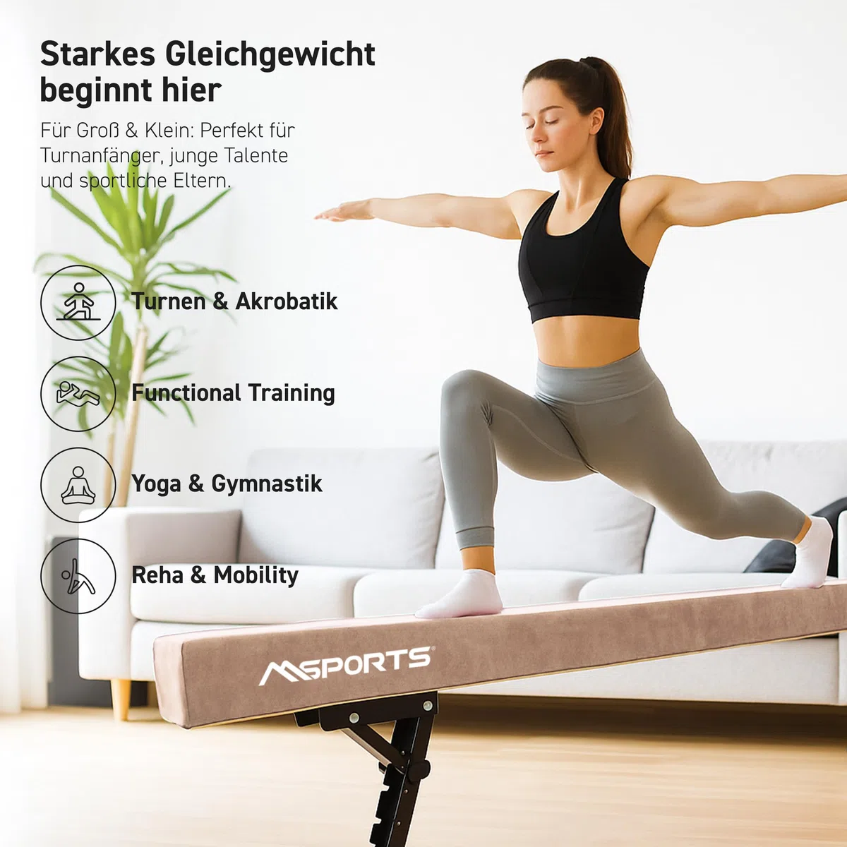MSPORTS Schwebebalken Premium höhenverstellbar – 245 cm Balance Beam für Kinder & Erwachsene – 5-stufig höhenverstellbar (18–56 cm) – Turnbalken für Zuhause oder Verein – 5 Farben
