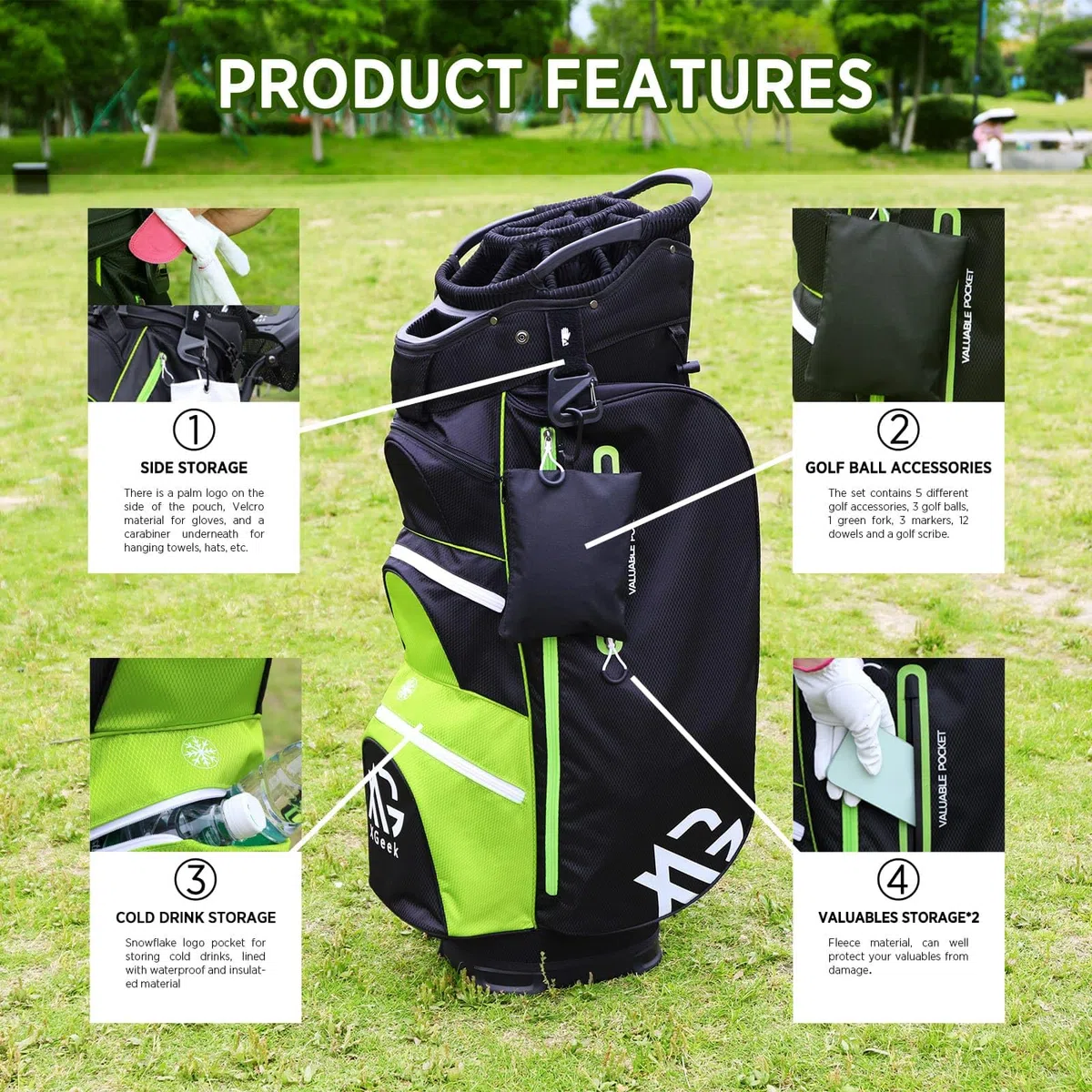 Golfbag,Golf cart Bag mit 15-facher Unterteilung für Herren und Damen,Premium Golf Bag mit Regenhülle, Kühler und Golfzubehör Kit