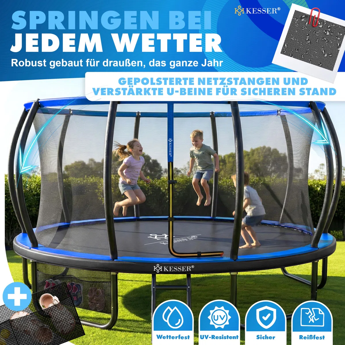 KESSER® Trampolin Outdoor Ø 244/305/366/427 cm, GS-Zertifikat, Gartentrampolin für Kinder & Erwachsene <150 kg mit Sicherheitsnetz, inklusive Tasche, Leiter, Randabdeckung & gepolsterten Netzstangen