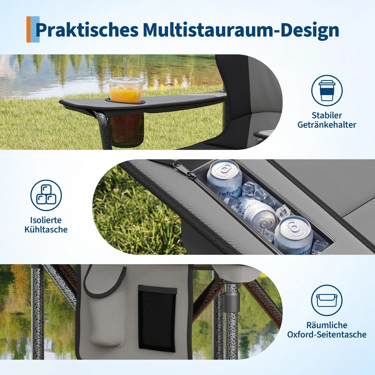 GarveeLife 2er Campingstuhl faltbar bis 200 KG belastbar, Ultragroßer Angelstuhl 64 cm mit hoher Rückenlehne & Polsterung, Camping Stuhl Sessel inkl. Tragetasche für Garten Balkon Strand Schwarz/Grau