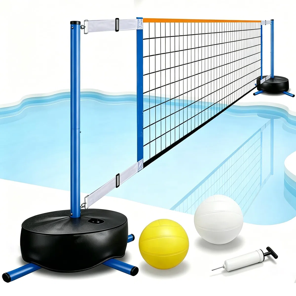 Pool Volleyball Set, Tragbarer Wasser Volleyballnetz für Erwachsene mit 20L Wasserbeutel und Luftpumpe für Sommer Poolspiele Verstellbar 4,5-7.6m（15-25FT）