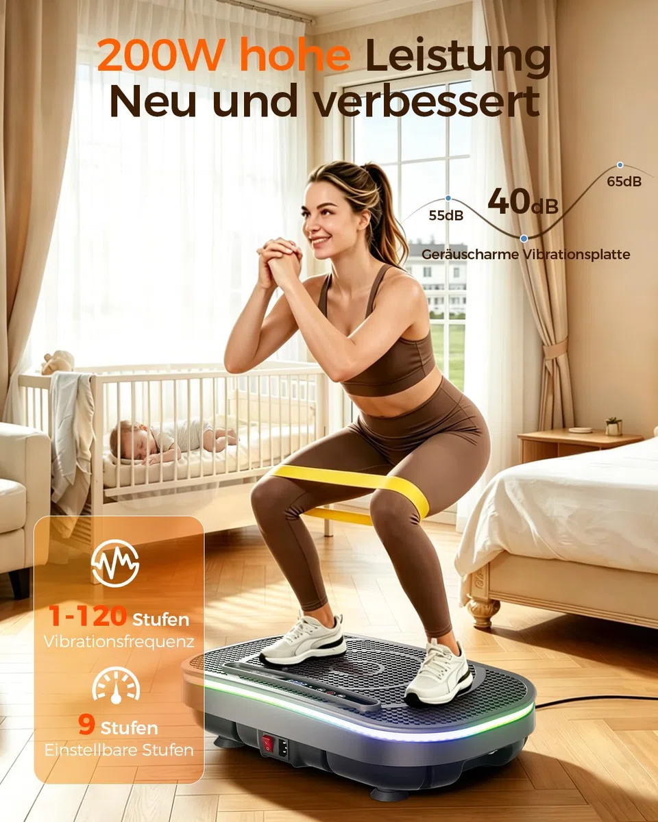 Vibrationsplatte Fitnessgeräte für Zuhause Rüttelplatte Vibration Plate entspannung, Sportgeräte Fitness Sport geräte Ganzkörpertraining 120 Intensitätsstufen für Home Workout