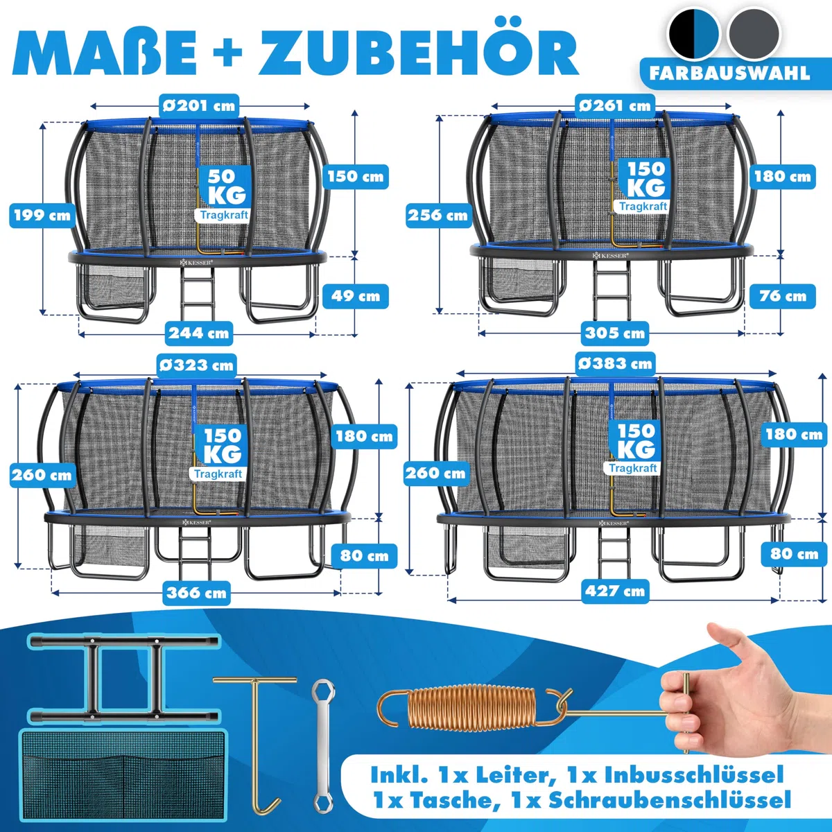KESSER® Trampolin Outdoor Ø 244/305/366/427 cm, GS-Zertifikat, Gartentrampolin für Kinder & Erwachsene <150 kg mit Sicherheitsnetz, inklusive Tasche, Leiter, Randabdeckung & gepolsterten Netzstangen