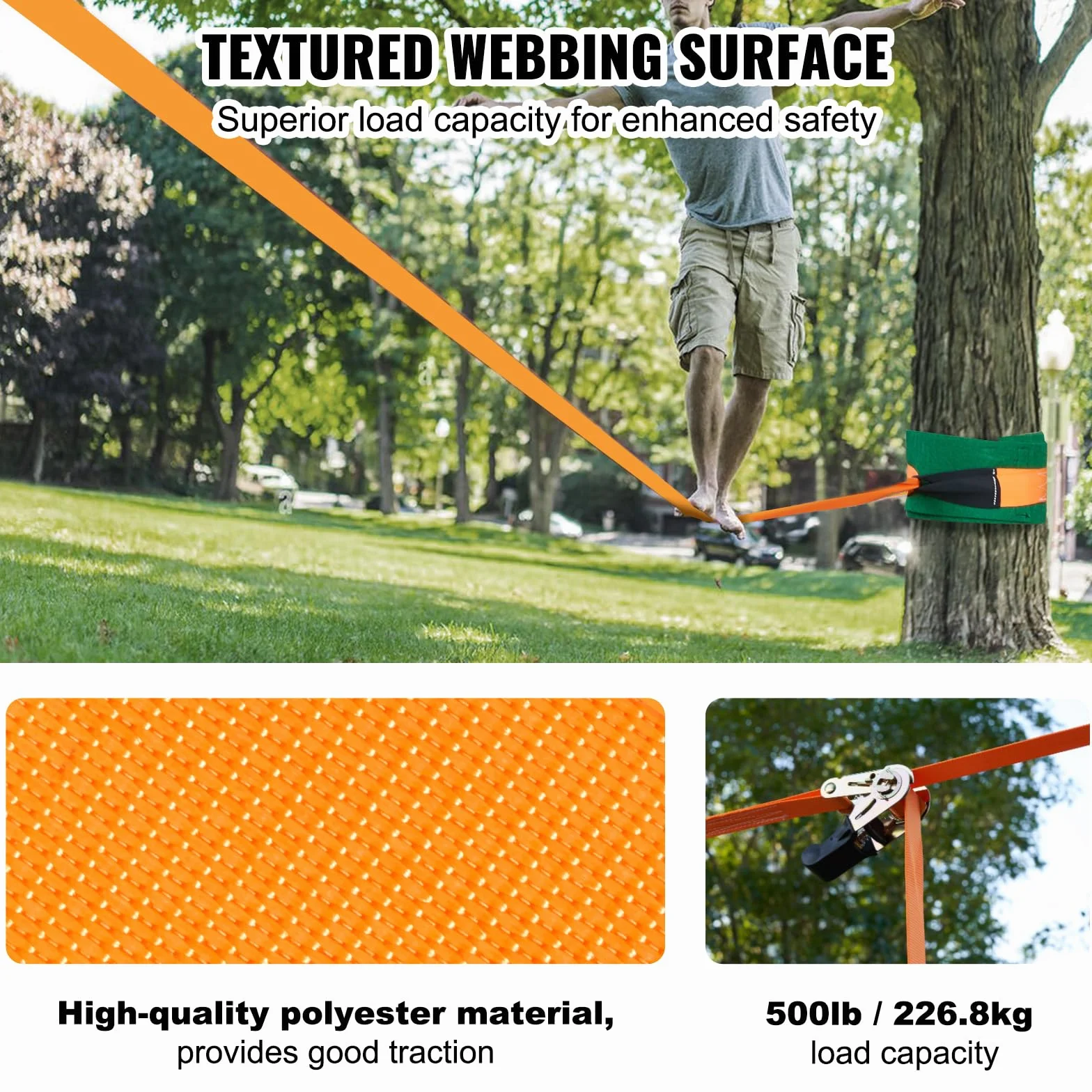 VEVOR Slackline Hindernisse Set 2 x 18,3 m Slacklines 2 x 1,5 m Baumschutz, 226,8 kg Tragkraft Ninja Hinderniskurs, Outdoor-Spielset-Ausrüstung, Hinterhofspielzeug-Trainingsausrüstungsset Orange