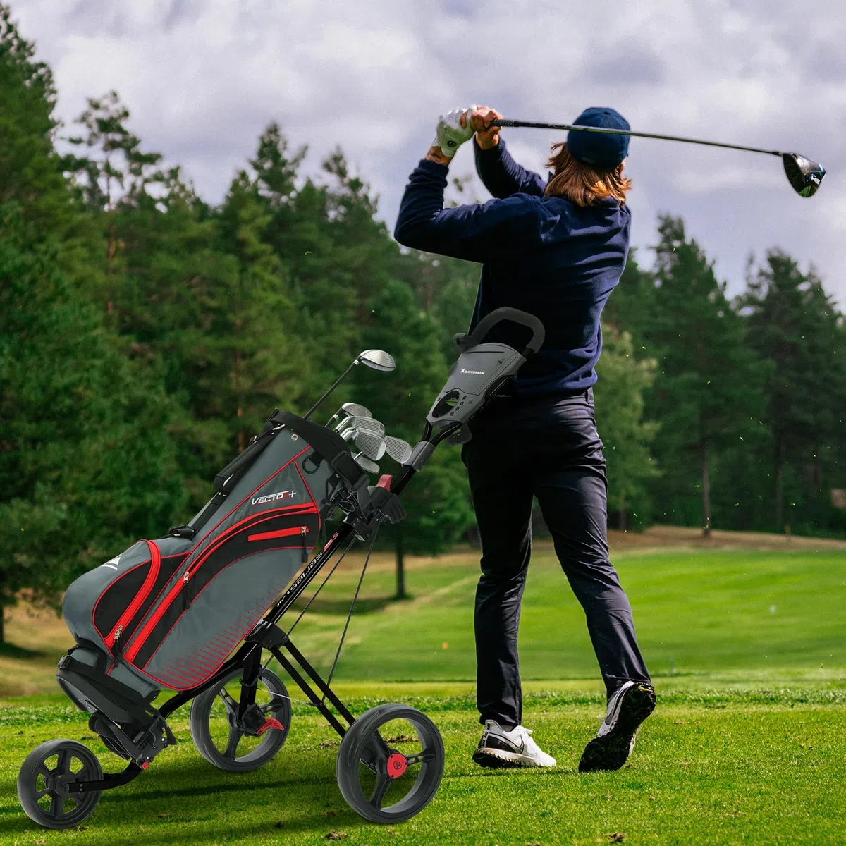 XDriveMax Golf Trolley 3 Rad,Golftrolley Klappbar,Leichter Golf Trolleys für Golfschläger und Golfbag, mit Getränkehalter,Scorekartenhalter und Ablagefach(schwarz)