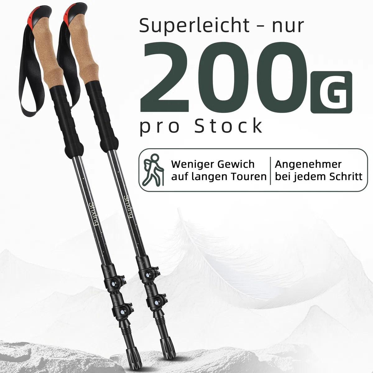 Teleskop-Wanderstöcke Carbon 2er Set, 200 g pro Stock, Schwarz | 62–135 cm verstellbar, Korkgriff mit EVA, Alu-Verschluss, Tasche & 10 Zubehörteile, für Wandern & Trekking