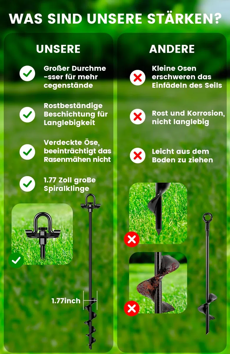 Erdanker Schwerlast 4 Pack (65cm)– Trampolin Erdanker für Garten, Schuppen & Schaukel, Spiral Bodenanker mit versteckter Öse, Rasenmäherfreundlich, Montage mit Bohrmaschine oder T-Griff, Sturmfest