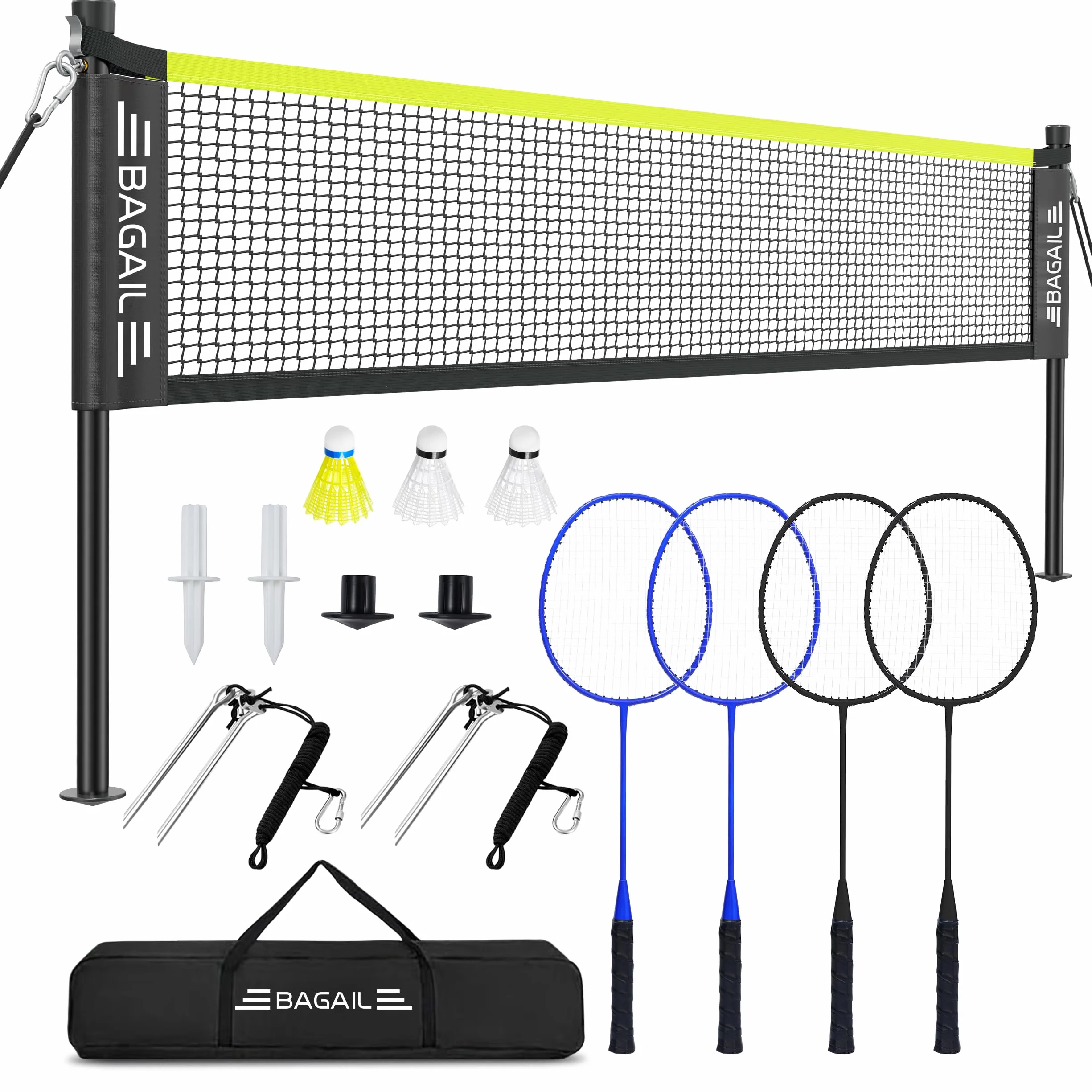 BAGAIL Professionelles Badmintonnetz-Set, TurnierschANDARD 6,1m x 1,55m, Allwettertauglich PE-Netz, 5-Minuten-Montage, Mit 4 Schlägern, 3 Schittern und Tragetasche