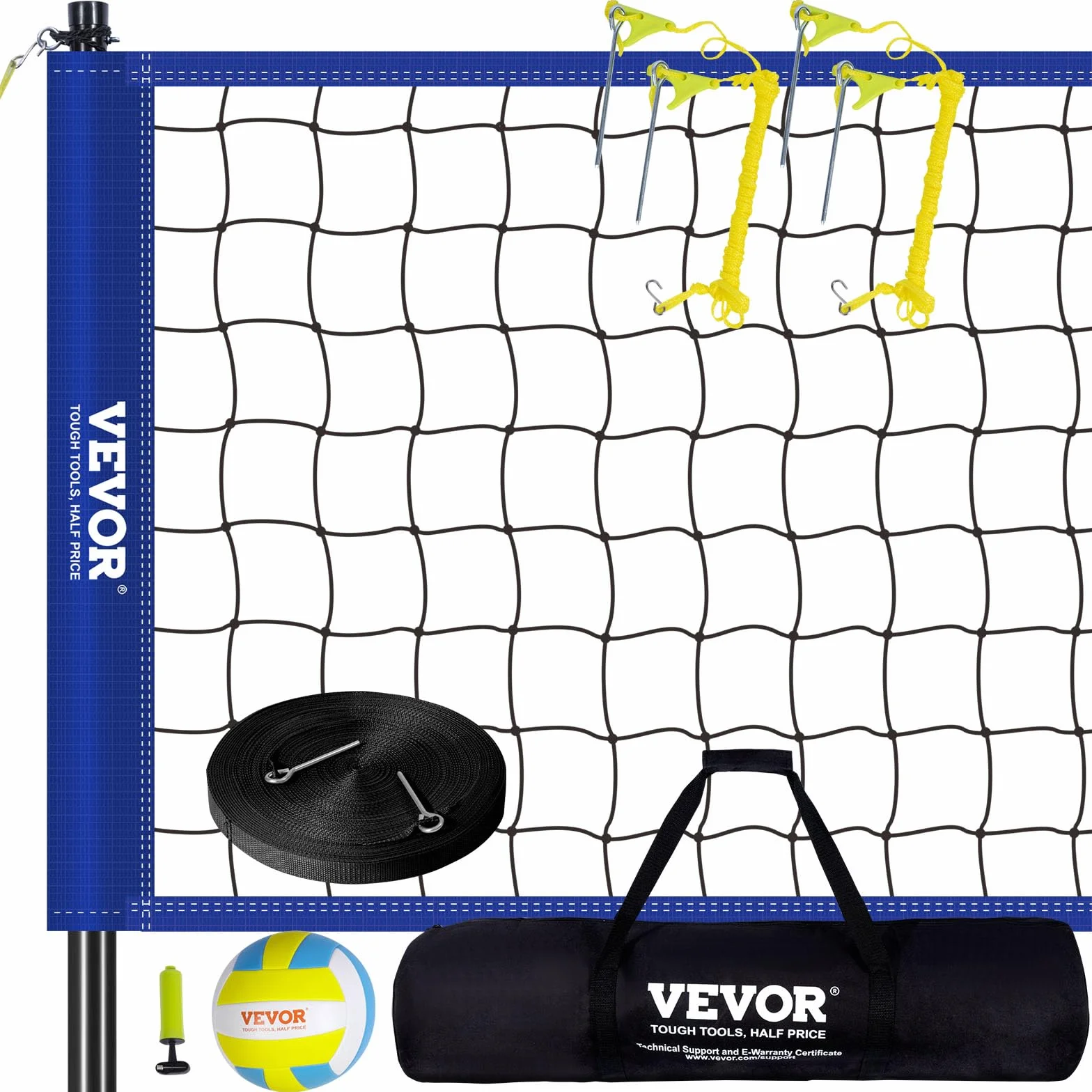 VEVOR Höhenverstellbares Volleyballnetz Set, 9,7 x 2,4 m Tragbarer Beachvolleyball-Netz, Blau Faltbar Mit Volleyball & Tragetasche, Für Garten, Strand
