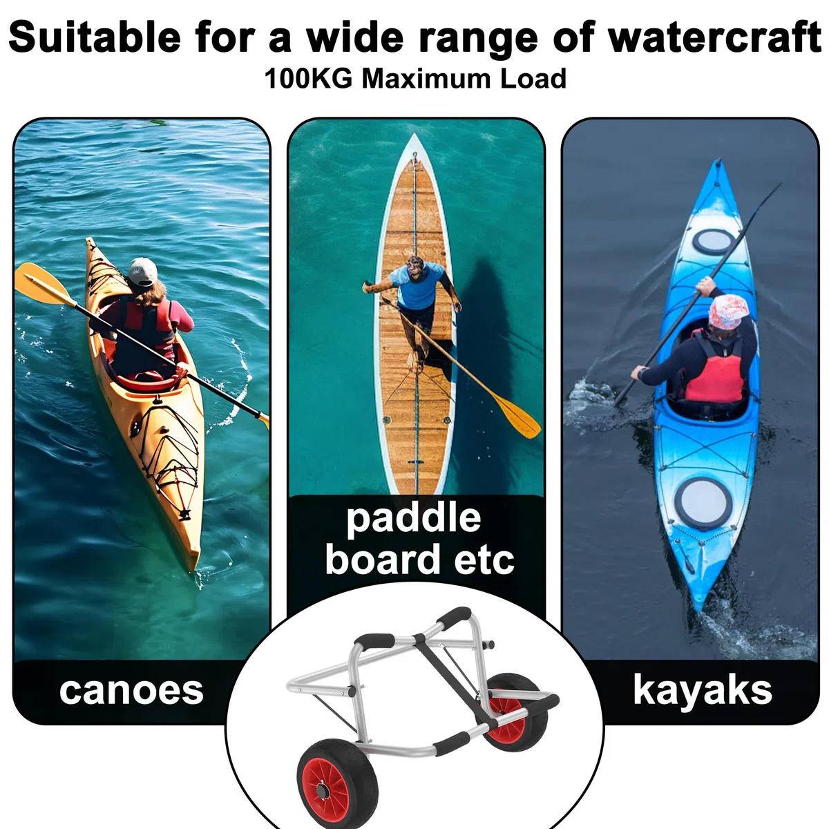 Faltbarer Kanuwagen, Aluminium Kajak Transportwagen mit PU-Luftreifen & Spannriemen, Freistehend Anhänger für Boote/Kajaks/Kanus/Paddleboards/Schlauchboot, Mobile Bootswagen zum Transportieren