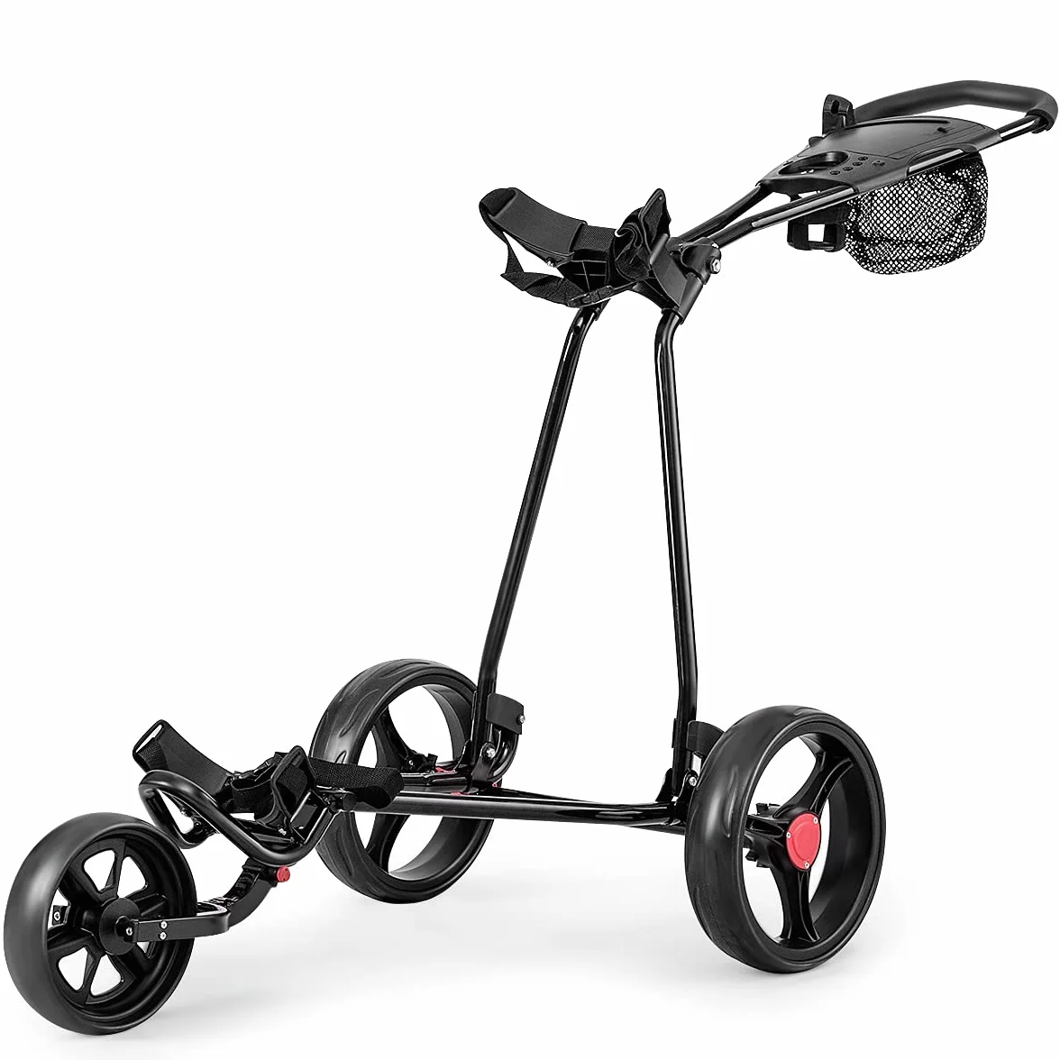 GOPLUS Golf Trolley, Golfwagen klappbar mit 3 Rad & verstellbarem Handgriff, Golf Cart leicht mit Hinterradbremse, Golf Caddy inkl.Trinkflaschenhalter, Schirmhalter & Netztasche, Schwarz