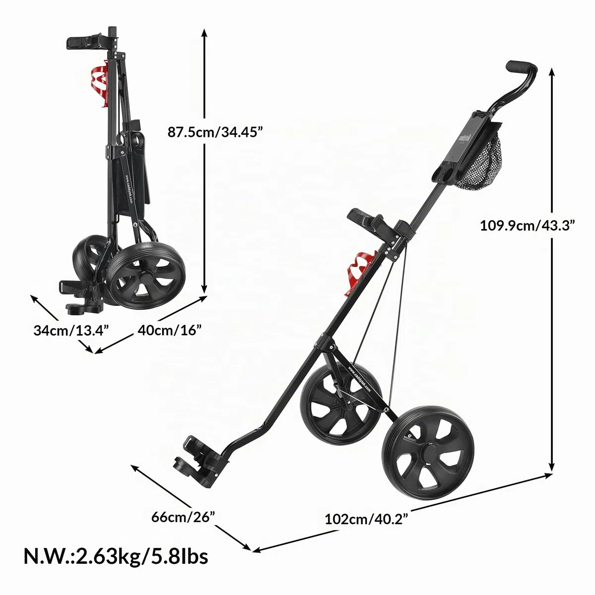 CaddyTek Golfwagen mit 2 Rädern, luxuriös, leicht, Faltbarer kompakter Trolley mit Aluminiumrahmen, Eva-Rädern, Netz-Aufbewahrung, ergonomischem Griff und Getränkehalter