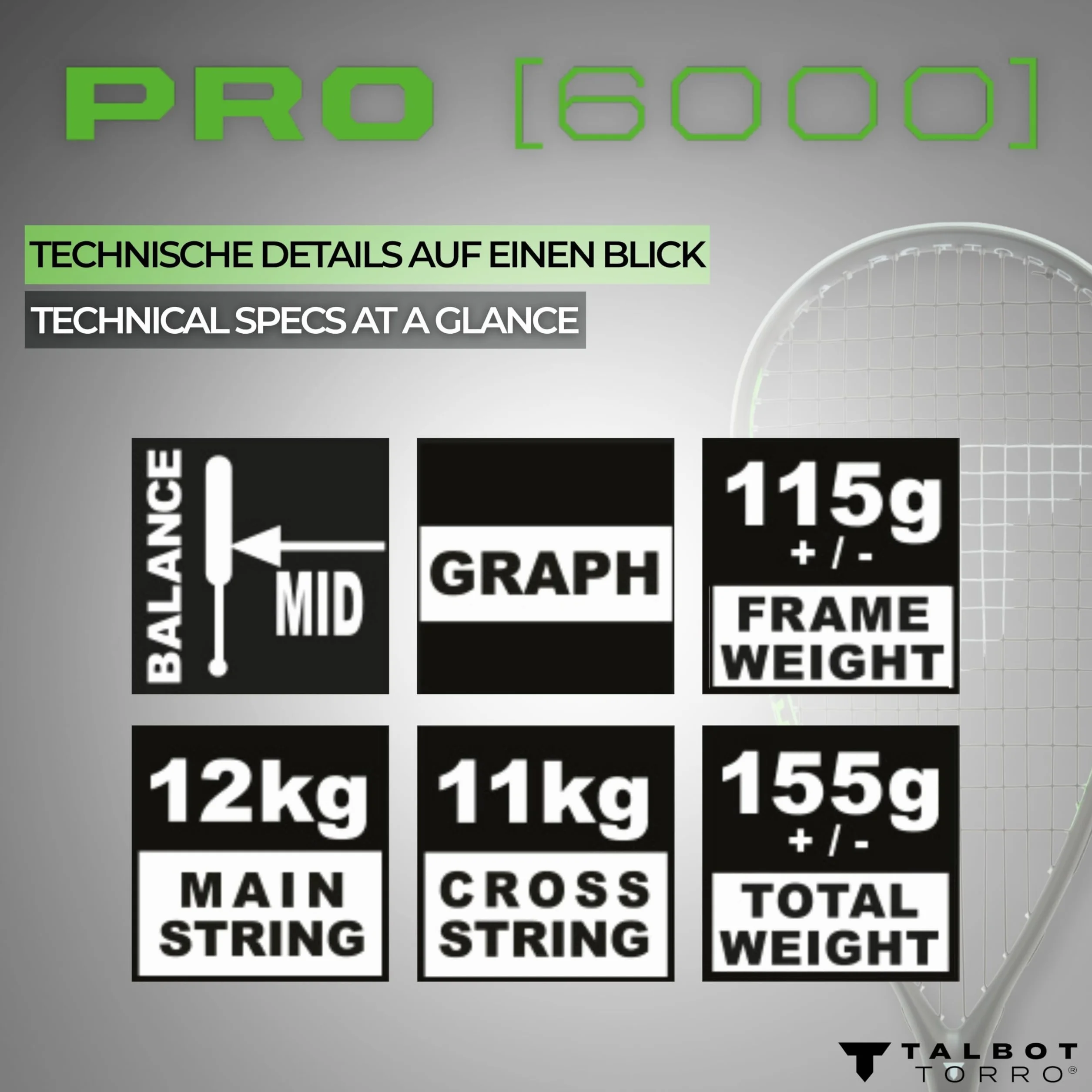 Talbot-Torro Squash-Schläger PRO 6000 - Ultraleicht & kraftvoll I Carbon4 I Offensiv-Plus für maximale Ballbeschleunigung I Besaitet & spielbereit I Für fortgeschrittene Spieler