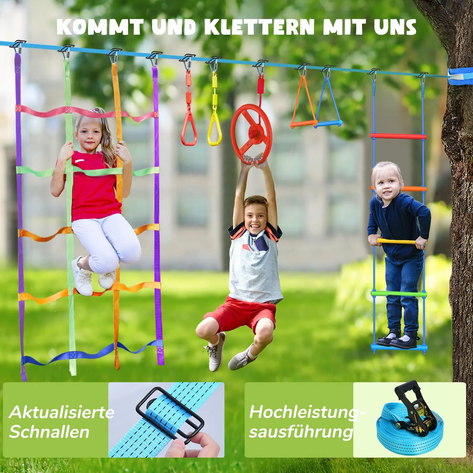 Hapfan 15M Ninja Slackline Kinder Nestschaukel Outdoor Set mit Seilrolle, Ninja Warrior Parcours Kinder mit 10 Hindernissen, Klettergerüst, Kletternetz, Kletterleiter Gym Ring Baumschutz (Bunt)