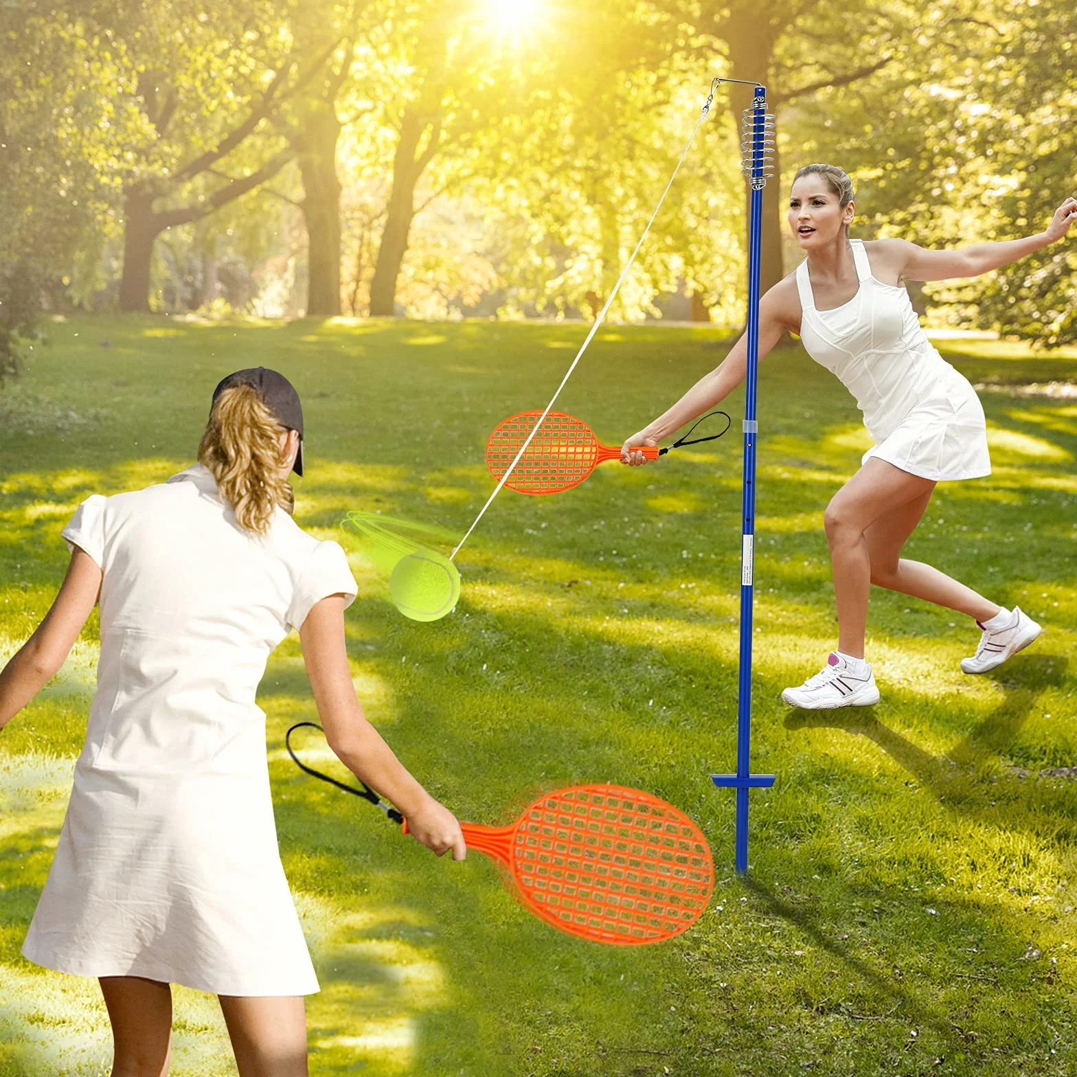 COSTWAY 3-stufig höhenverstellbares Tetherball Set, Twistball Set inkl. Ball｜2 Schlägern｜120cm Schnur, Tennisball an Schnur, Tennis Spiel für Solo und Team