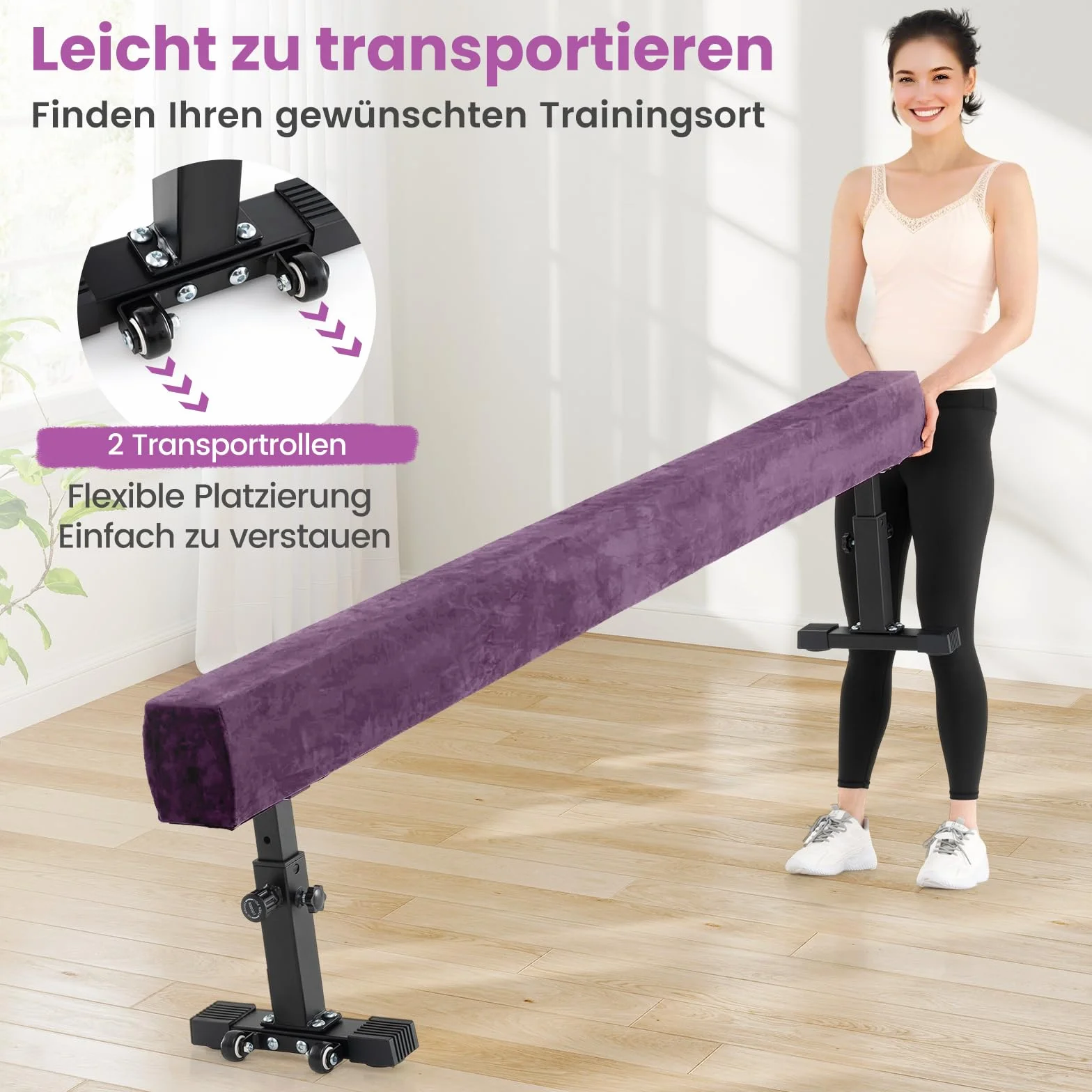 COSTWAY 226 cm Schwebebalken mit 3 Höhen verstellbar, Gymnastikbalken, Heimtrainingsgerät mit robusten Metallbeinen & Rädern, Balancierbalken für Anfänger und Profis (Lila)