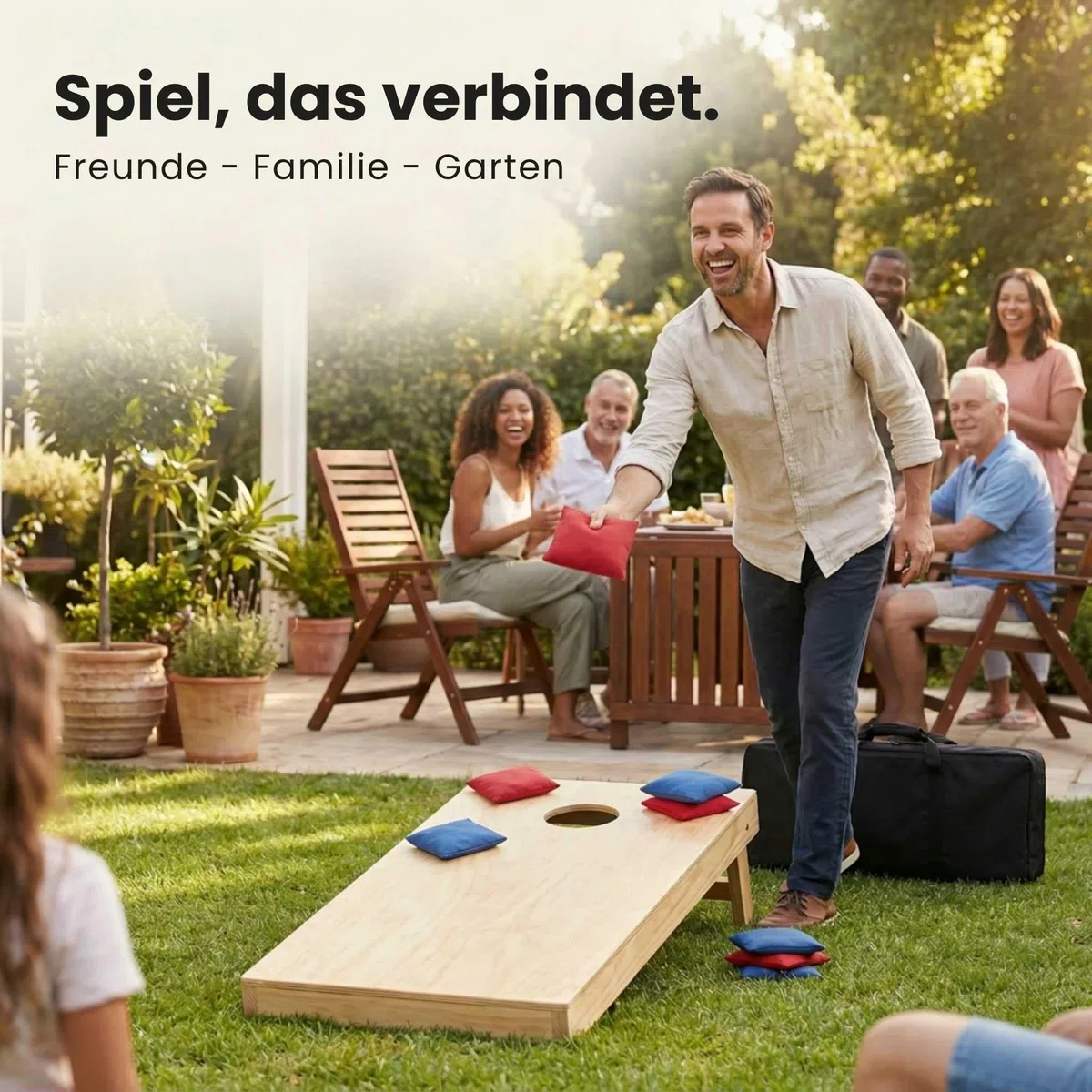 Cornhole Set aus Holz - Hochwertiges Outdoor Wurfspiel für Garten & Freunde - inkl. 8 Bags & Tragetasche - Cornhole Spiel Outdoor für Erwachsene & Kinder