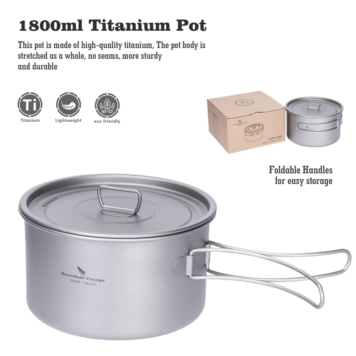 Boundless Voyage 1.8LKleiner Titankopf mit klappbaren Griffen: leichtes Stockpot Camping-Trekking Set Kochtopf Küchengeschirr (1.8 only)