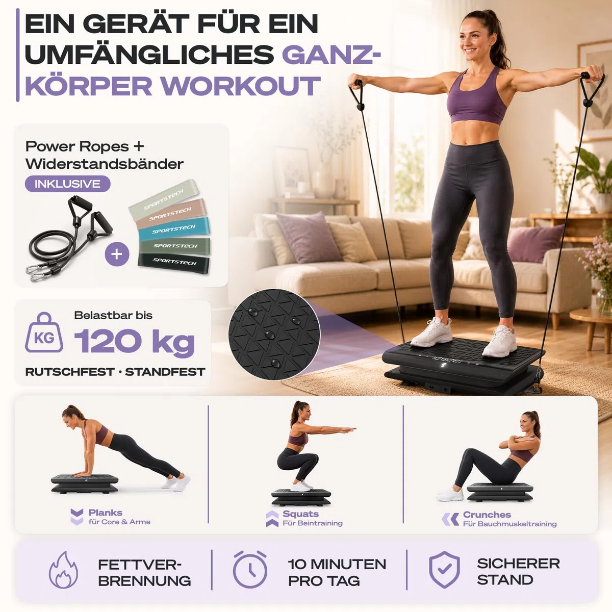 Sportstech Vibrationsplatte für Zuhause | Abnehmen, Fettverbrennung & Muskelaufbau | Oszillation, 99 Intensitätsstufen, Bluetooth-Fernbedienung | leiser Motor bis 120 kg | Trainingsbänder | sVibe Lite