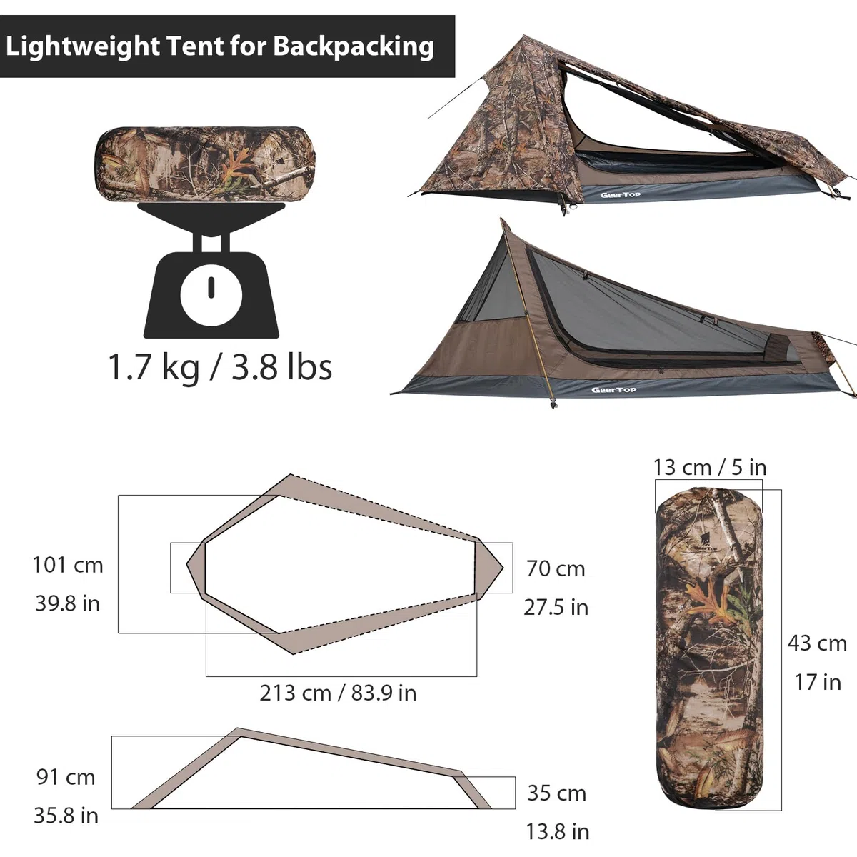 GEERTOP 1 Person Biwakzelt Biwaksack Zelt Trekkingzelt Campingzelt Minipack Leicht, 3 bis 4 Jahreszeiten für Outdoor Camping Wandern Reisen und Klettern