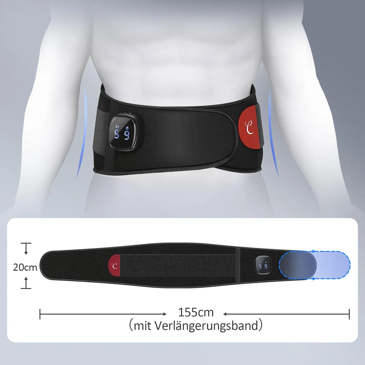 Comfytemp Wärmegürtel Rücken Massagegerät mit 15Wh Akku mit USB,9 Wärmestufen 5 Vibrationmoden Kontrolle per Knopfdruck und App, 20X155cm Kabellos Heizgürtel Abschaltautomatik Rückenwärmer
