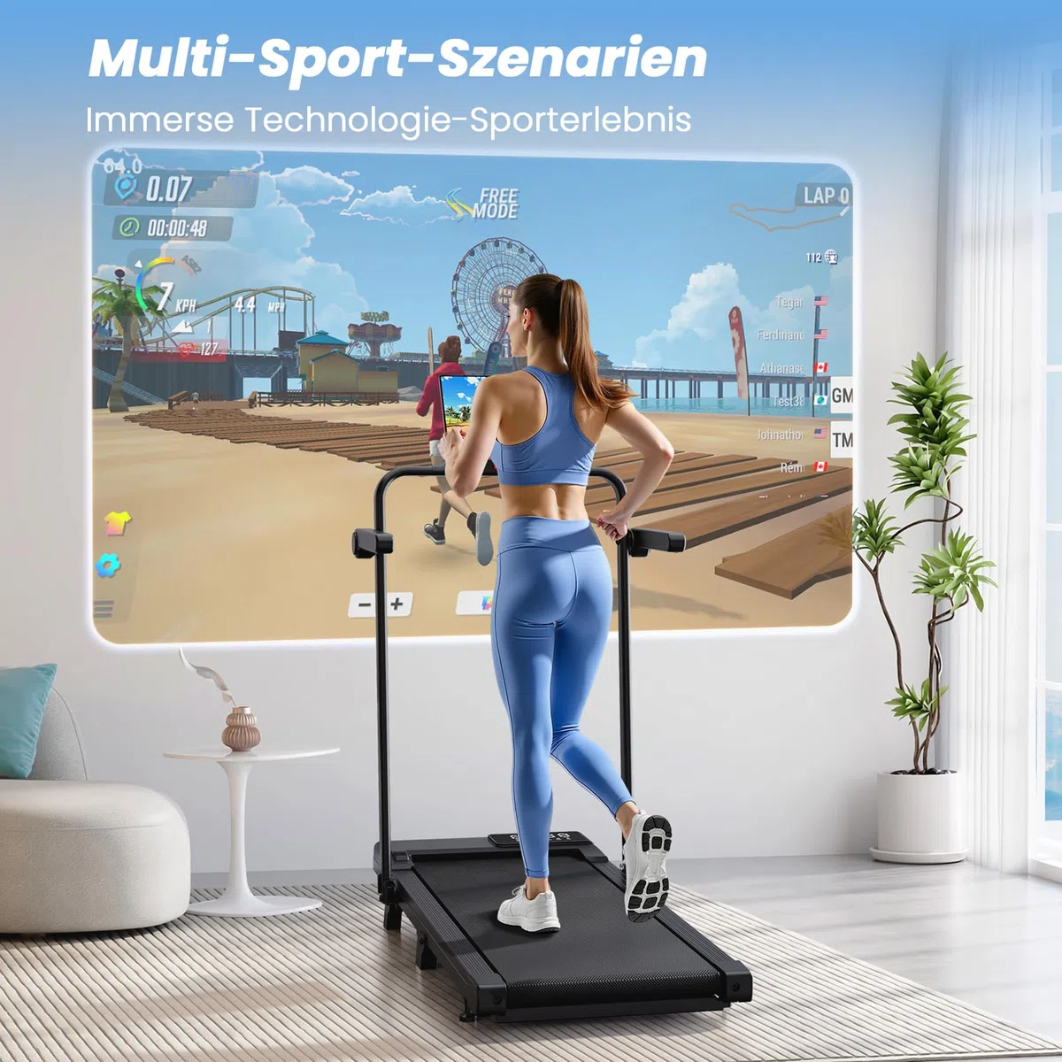 4 in 1 Walking Pad mit Steigung 6% Superun, 12km/h Laufband für Zuhause Klappbar mit APP und Fernbedienung, Max 136kg Laufband Schreibtisch mit Multi-Runner-Rennen und Training Course Erlebnis vor Ort