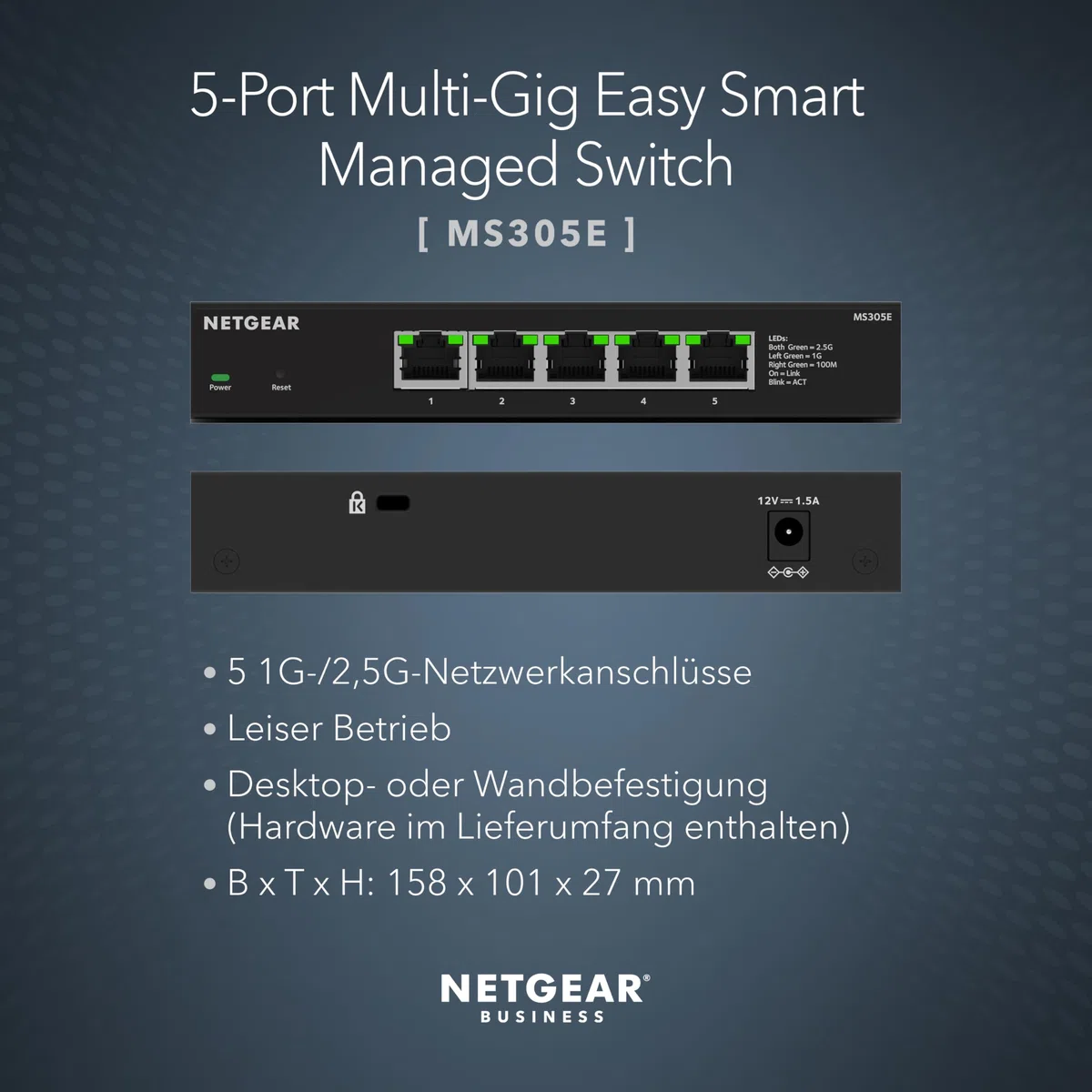 NETGEAR 5-Port Multi-Gigabit Ethernet Plus Switch (MS305E) – Managed, mit 5 x 1G/2,5G, Desktop- oder Wandbefestigung und eingeschränktem Schutz über 5 Jahre