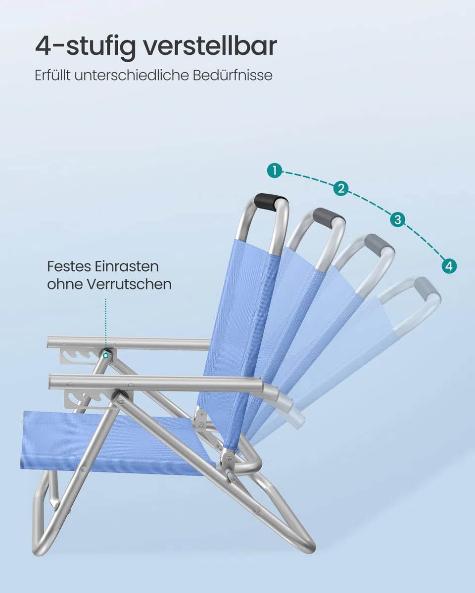 SONGMICS Strandstuhl, tragbarer Klappstuhl, Rückenlehne 4-stufig verstellbar, mit Armlehnen, atmungsaktiv und komfortabel, Outdoor-Stuhl