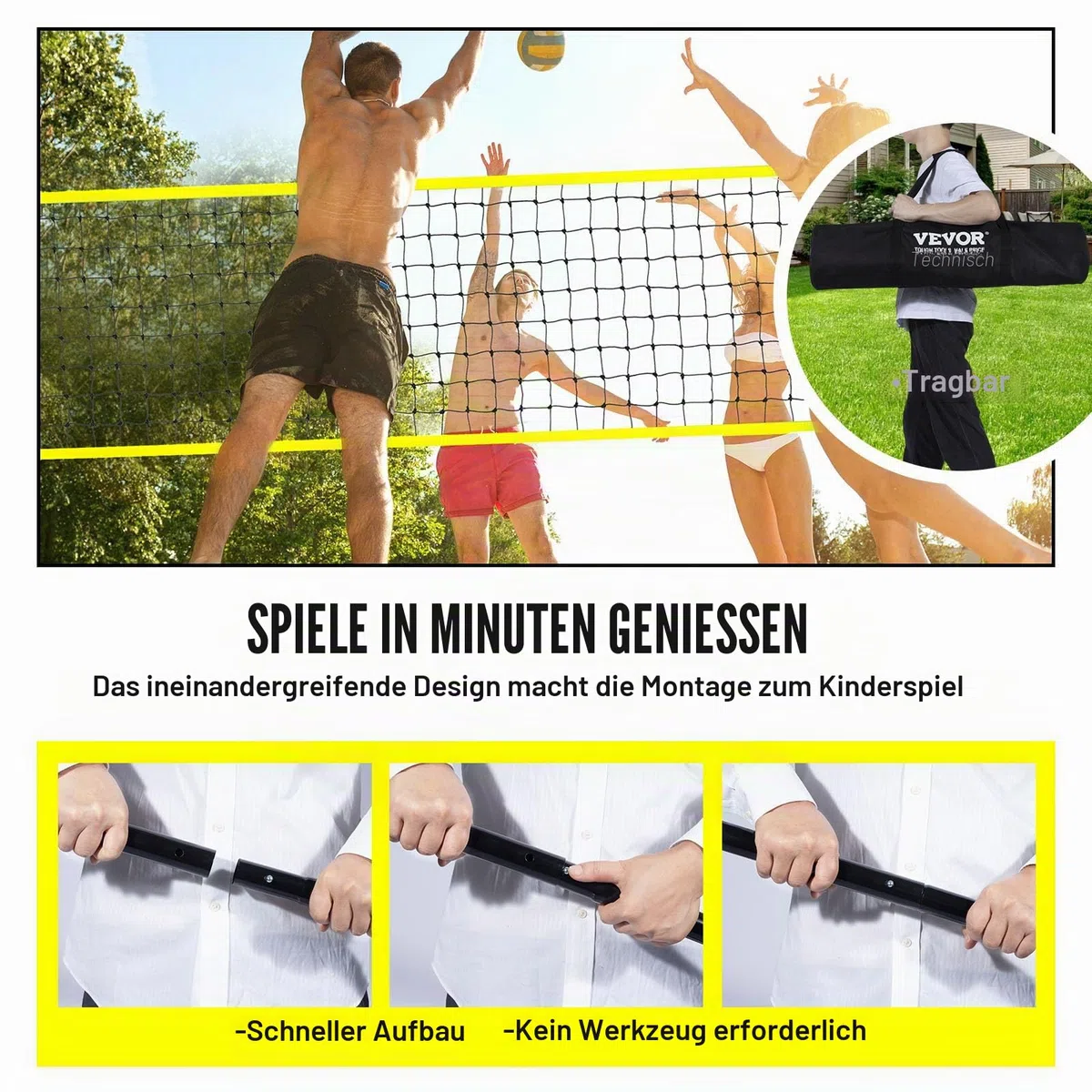 VEVOR Volleyballnetz Höhenverstellbar Volleyballnetz Set, Tragbarer Beachvolleyball-Netz, Outdoor Volleyballnetz Faltbare Volleyballnetz mit Volleyball & Tragetasche, für Garten Strand Rasen usw.