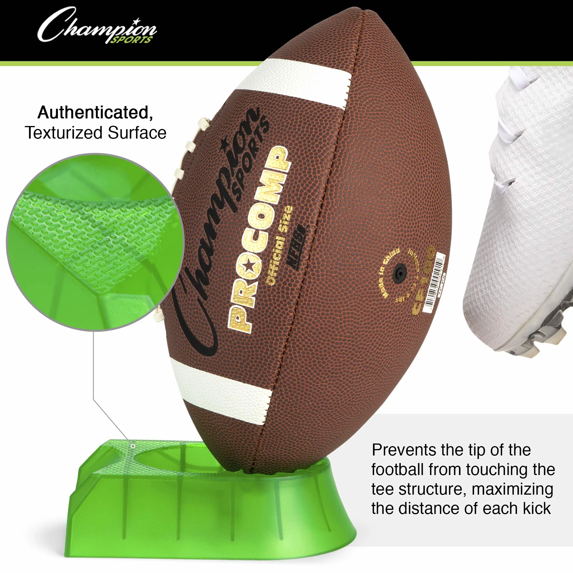 Champion Sports Triplex 3-in-1 Premium Football Kicking Tee for Kickoff Practice, 1” - Ball Holder Tees for Footballs - Kicking Block and Accessories for Adults, Kids, Coaches Green