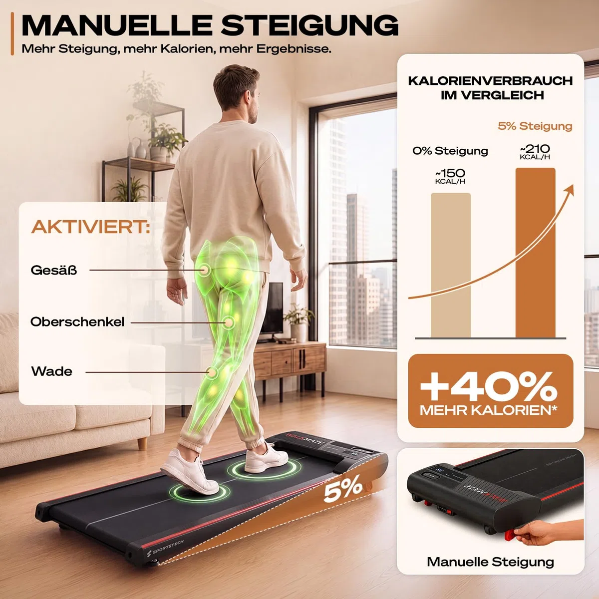 Sportstech Walking Pad - Laufband Für Zuhause mit Steigung bis 5% | 1-6km/h, inklusive App Mitgliedschaft | Home Office, Schrittzähler, leicht & kompakt, Transportrollen | WalkMate bis 120kg