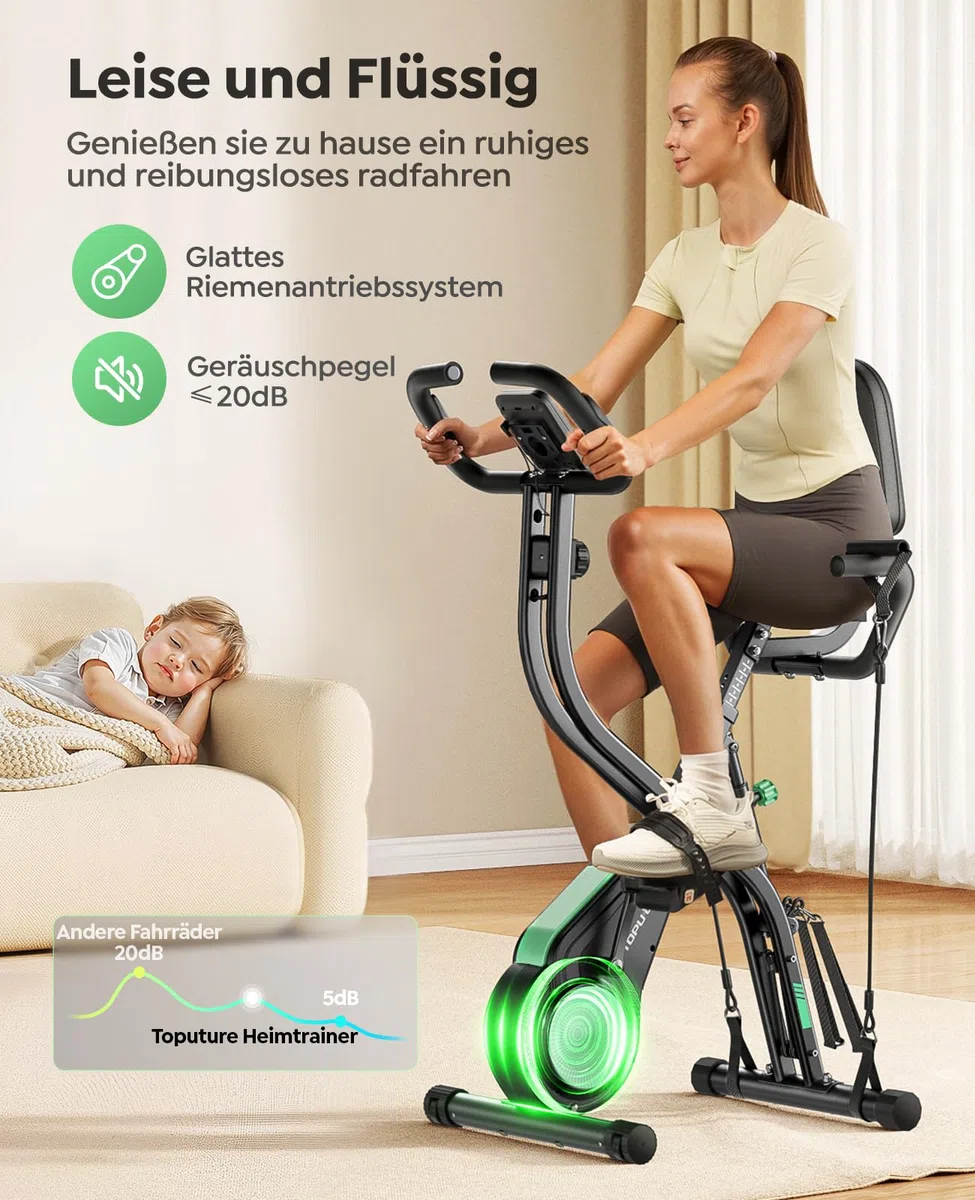 Toputure NEU 5-in-1 Heimtrainer Fahrrad Klappbar mit App, Hand-Bein-Zugseilen, Ergometer Hometrainer mit Ergonomischem Sitz, Handpulsmessung, 16 Magnetwiderstand, bis 140 KG, Ultraleise